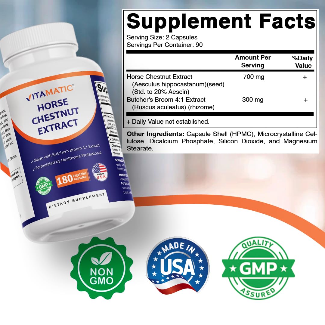 Vitamatic Horse Chestnut Extract 700 mg (Standardized 20% Aescin) with Butcher’s Broom 4:1 Extract 300 mg, 180 Capsules