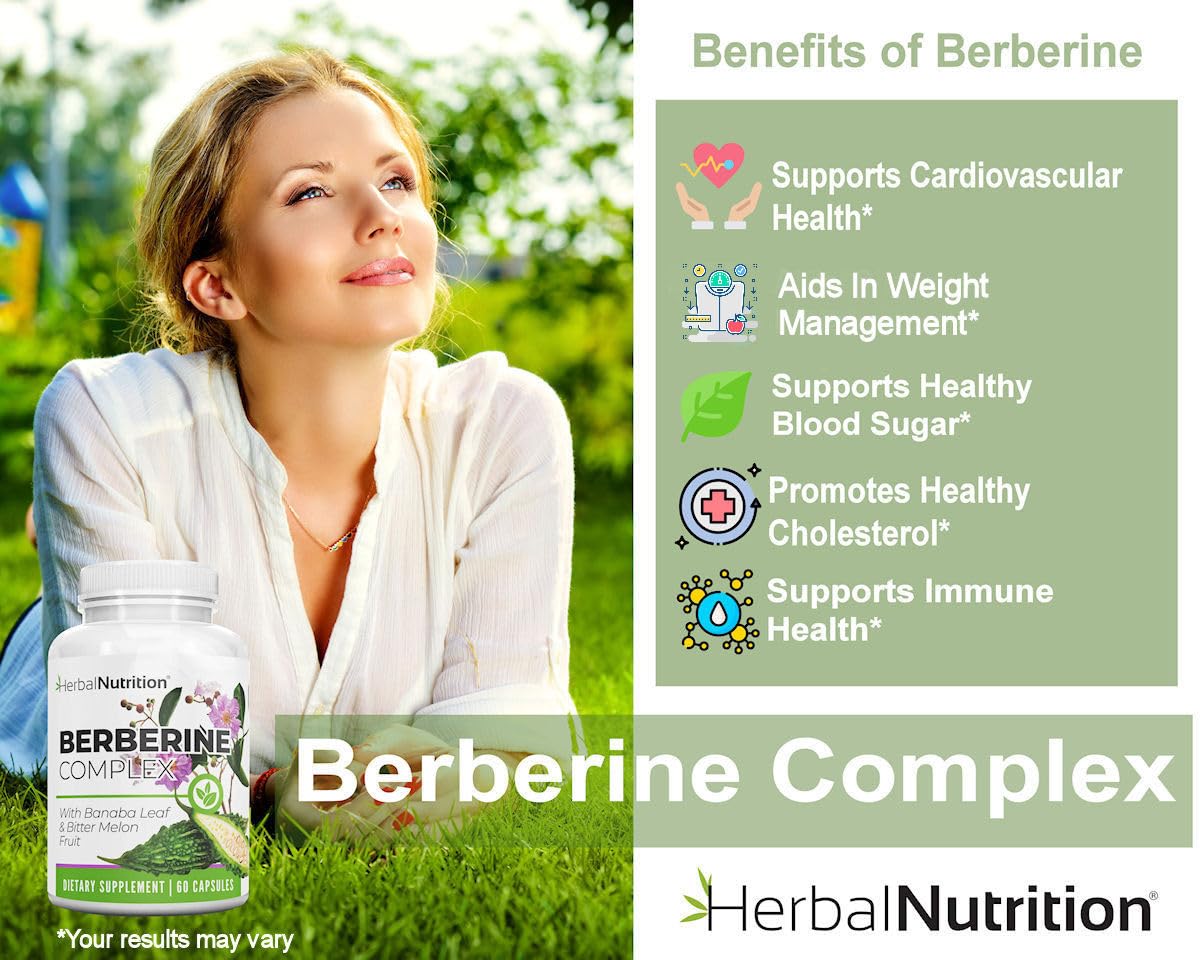 Herbal Nutrition Berberine Complex 1250mg of Berberine HCL, Banaba Leaf and Bitter Melon Extract Capsule, 120 Count