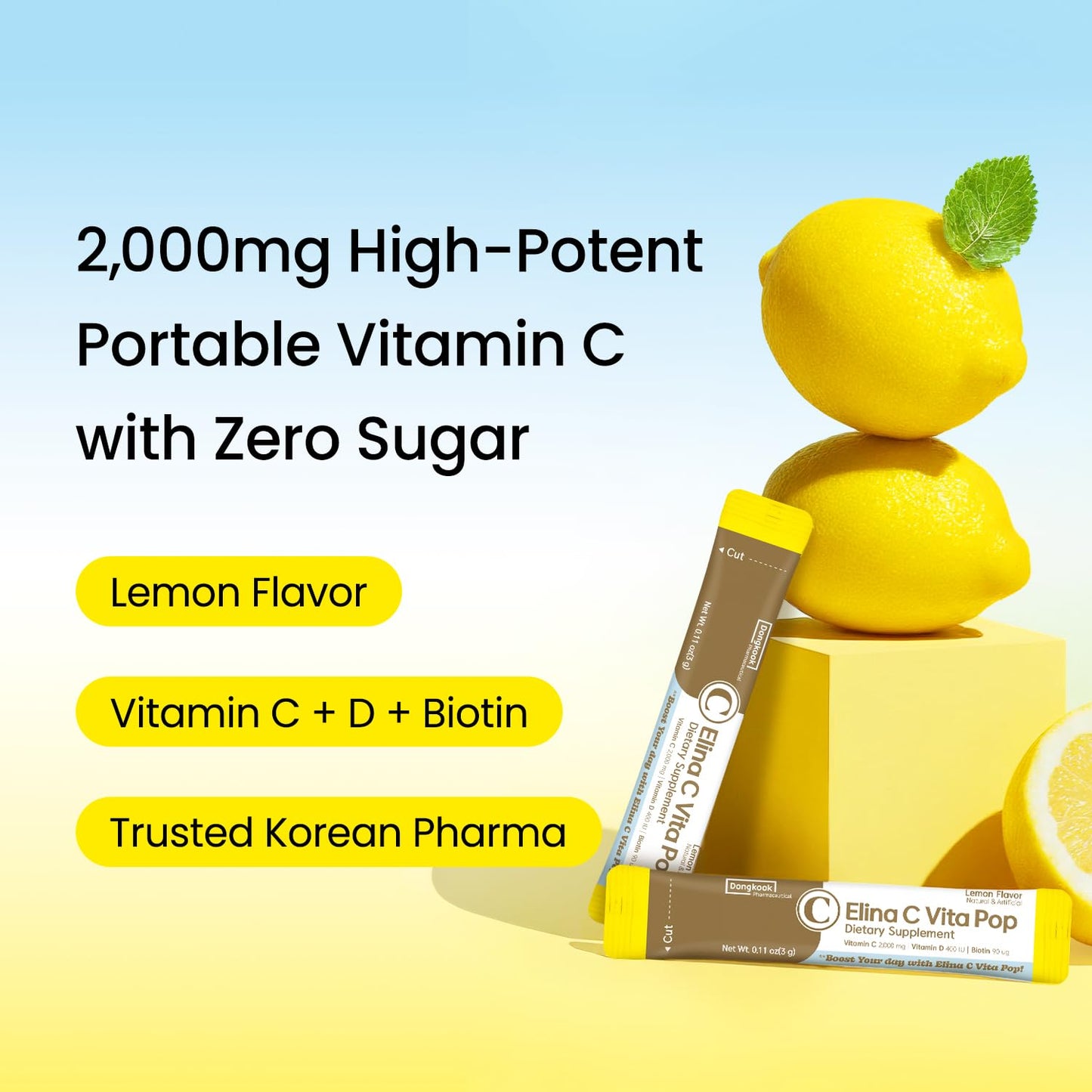 DONGKOOK Vita Pop Vitamin C Powder 2000mg, Zero Sugar, Vitamin D & Biotin, Lemonade Flavor, 30 Packets