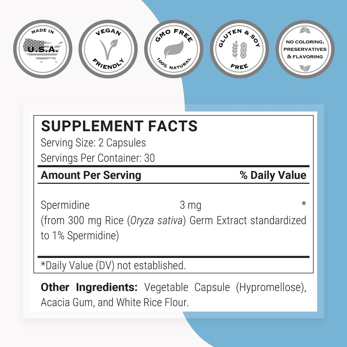 Supersmart Spermidine 3mg per Day - Rice Starch Extract Supplement Capsules, 60 Count