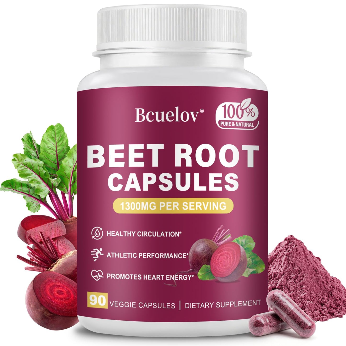 Bcuelov Beet Root Capsules 1300mg Pure Beetroot Powder - 90 Capsules