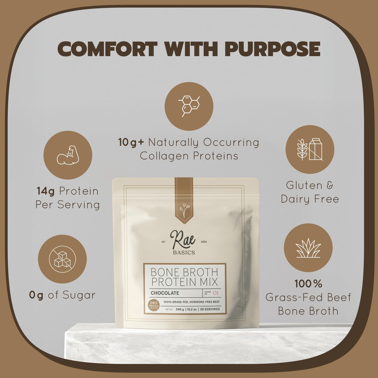 Rae Basics Bone Broth Hot Chocolate Protein Powder, 26 Servings