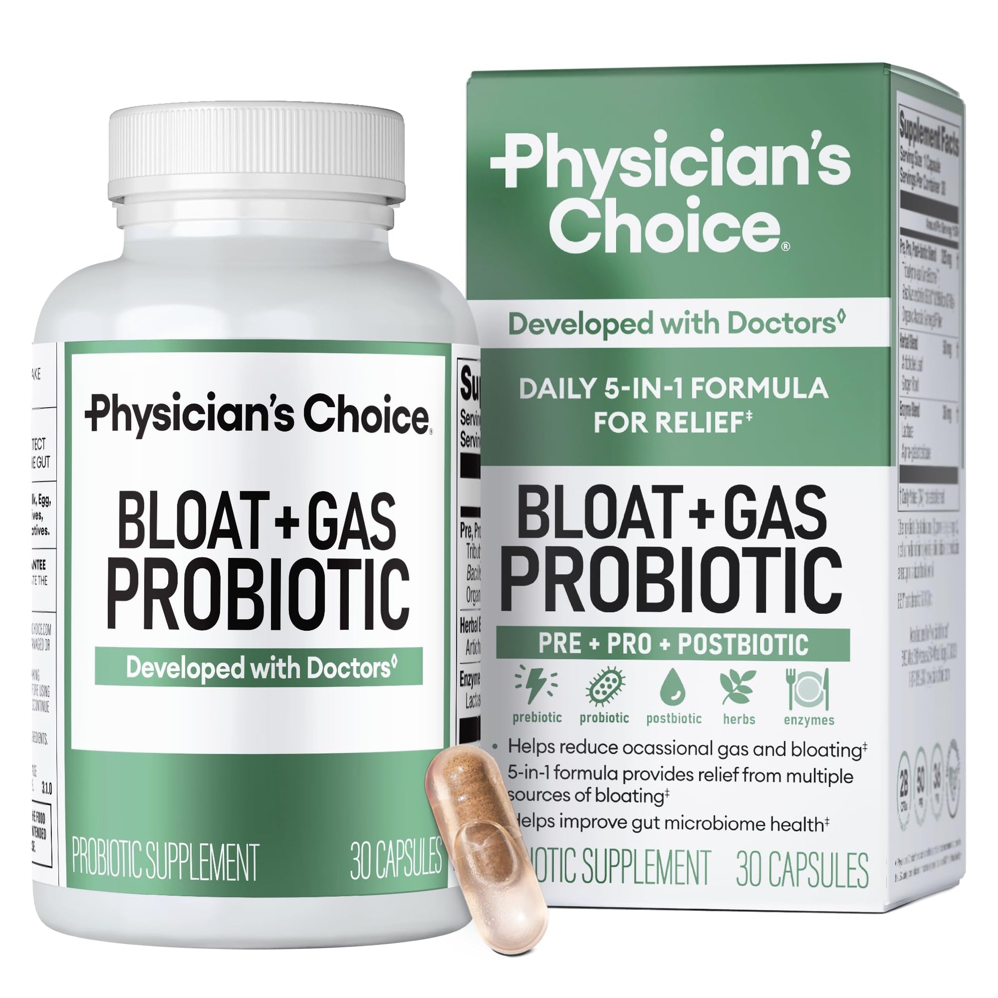 Physician's CHOICE Bloat & Gas Probiotic 5-in-1 Proactive Support + Daily Relief - Digestion & Gut Health - Herbals, Digestive Enzymes, Post & Prebiotics - Gas Relief for Adults - Women & Men Capsules, 30 Count