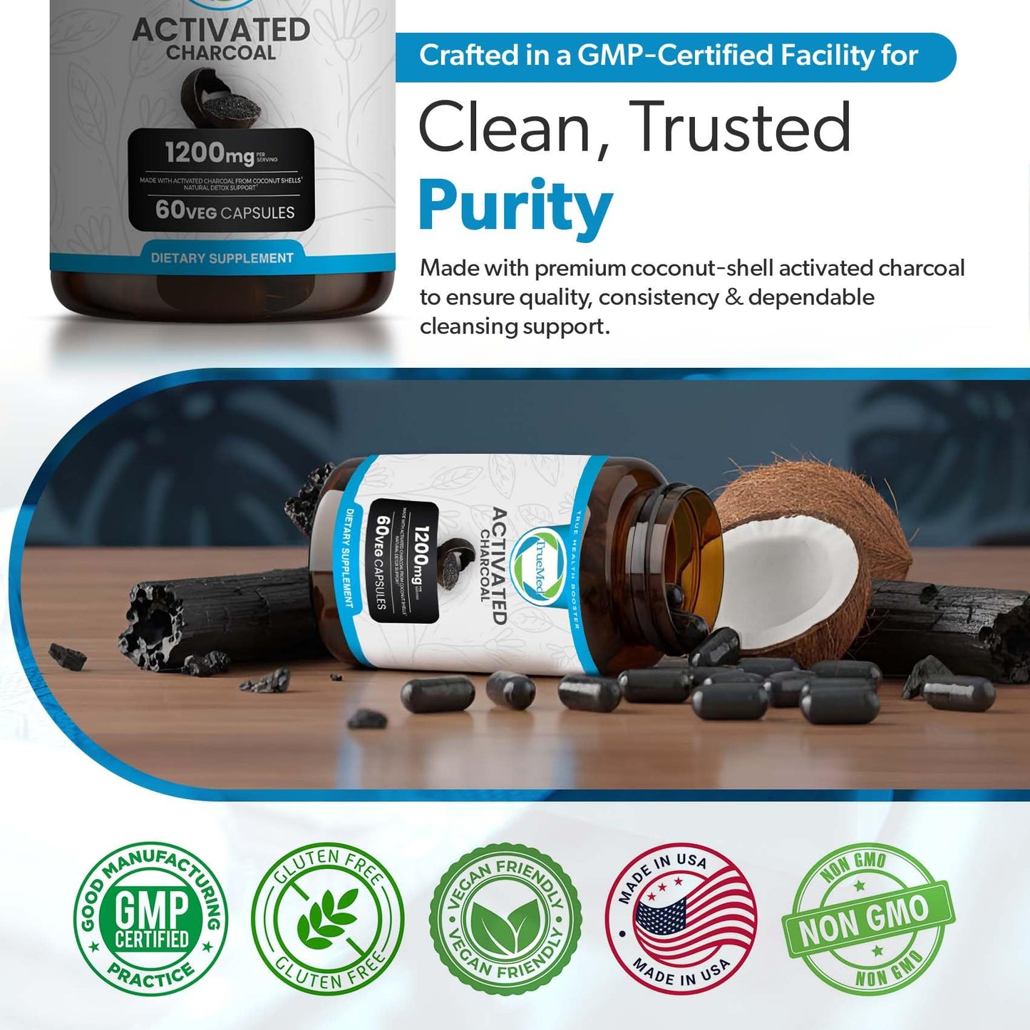 TRUEMED Activated Charcoal 1200mg Capsules 60 Capsules