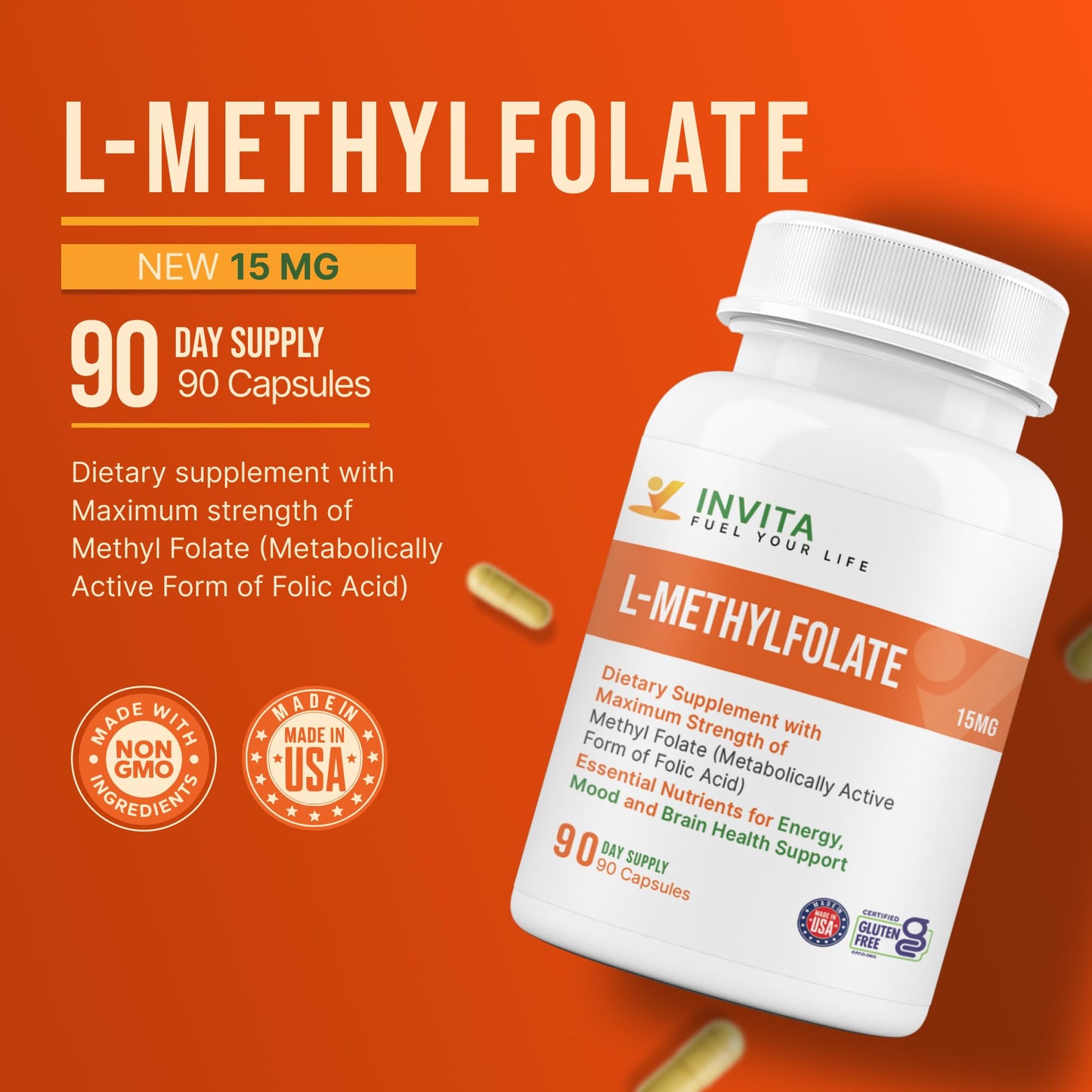 INVITA L-Methylfolate 15mg – Physician Formulated 5-MTHF Active Methyl Folate Capsule, 90 Count