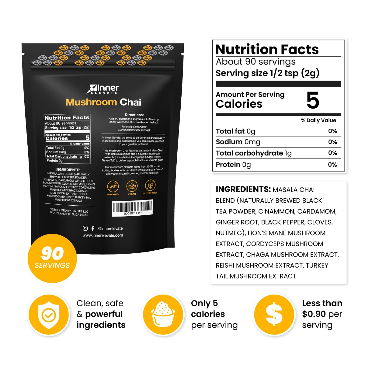Inner Elevate Mushroom Chai Powder, 90 Servings