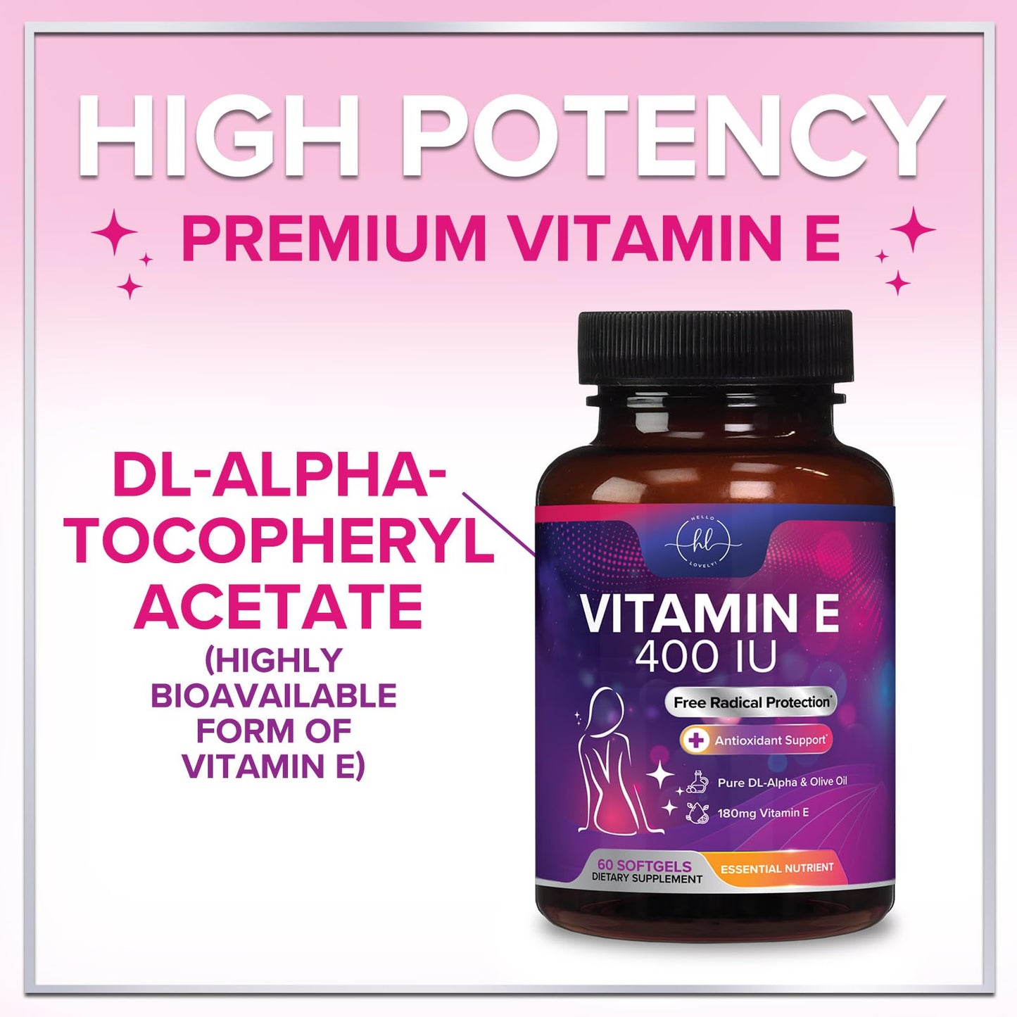 Hello Lovely! Vitamin E 180 mg per Serving dl-Alpha VitaminE Immune Health Support Softgels 60