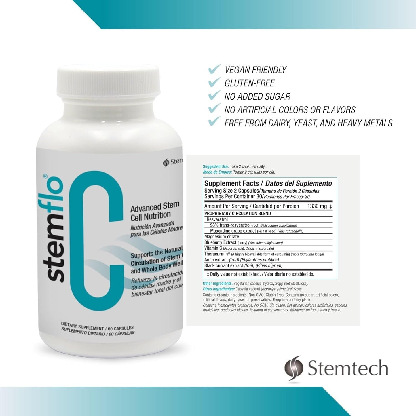 StemFlo Trans-Resveratrol, Curcumin, and Super Antioxidants for Health, Longevity, and Vitality Capsule 1 Count