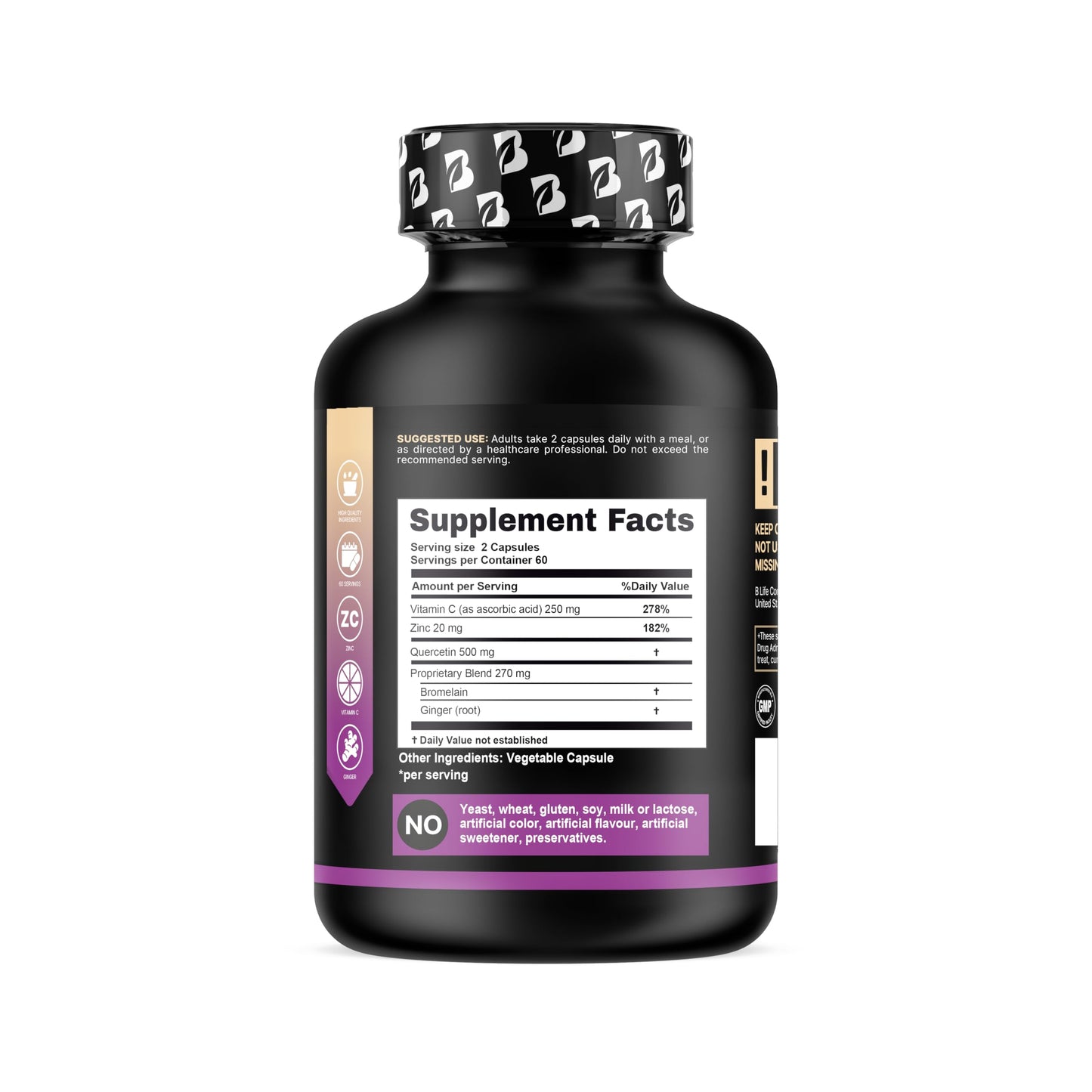 B Life Company BLife Quercetin 500mg Capsules with Vitamin C, Zinc & Ginger – Immune & Antioxidant Support – 240 Capsules