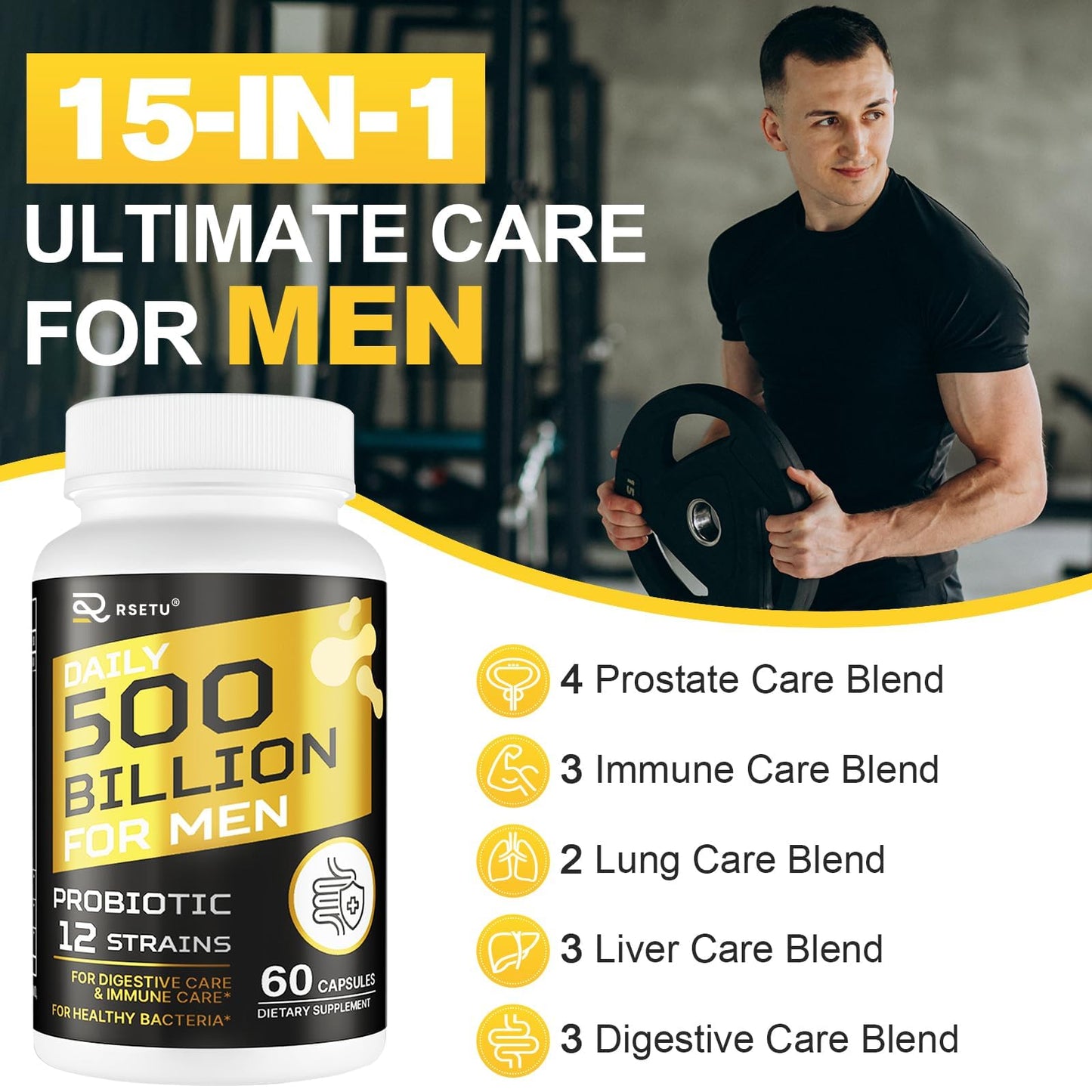 RSETU Probiotics for Men 500 Billion CFUs & 12 Strains Capsules, 240 Count