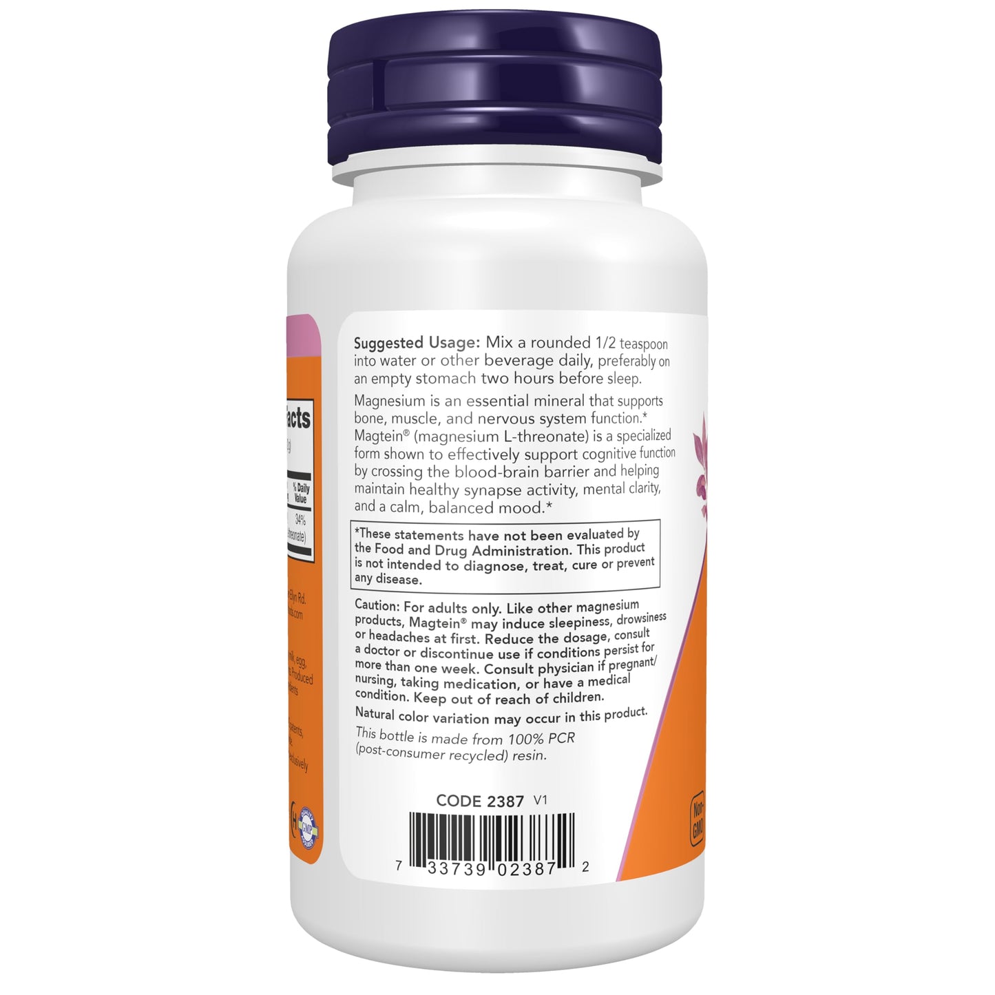 NOW Foods Magtein® with Patented Form of Magnesium (Mg), Cognitive Support*, Powder, 3.2 oz