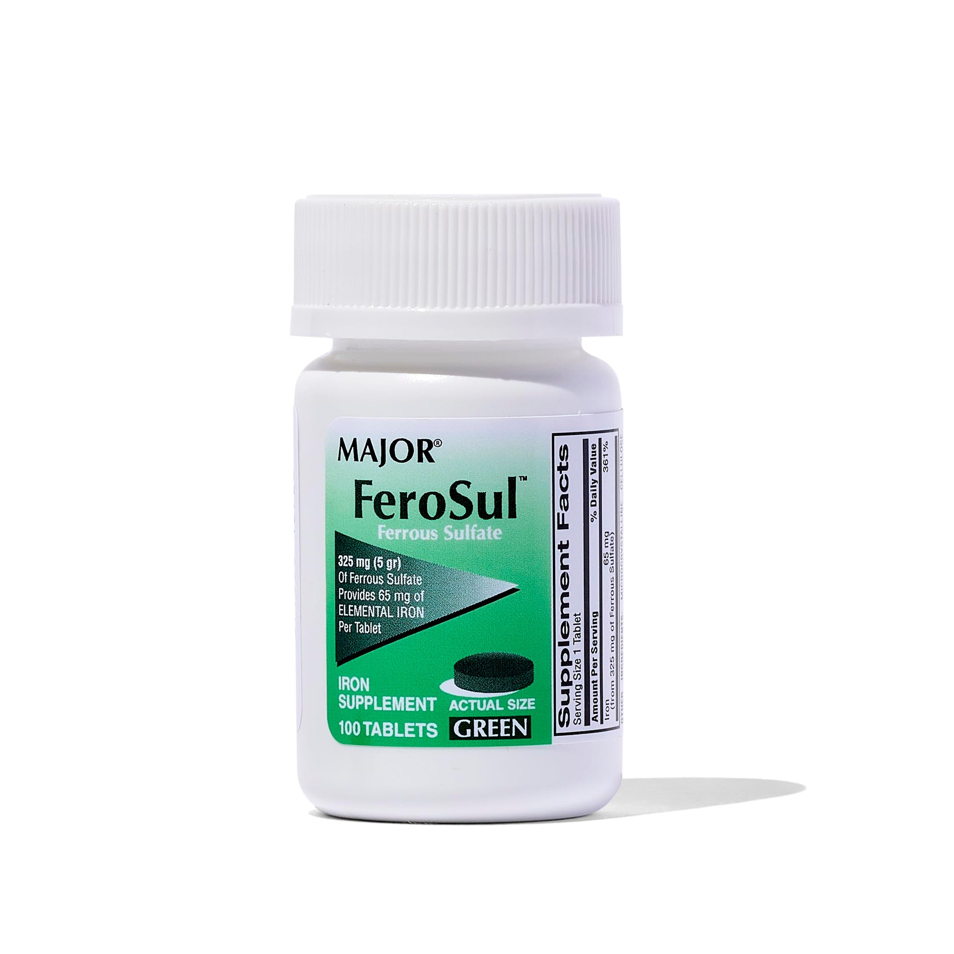 MAJOR Ferosul 325mg Green Ferrous Sulfate Tablets, 100 Count