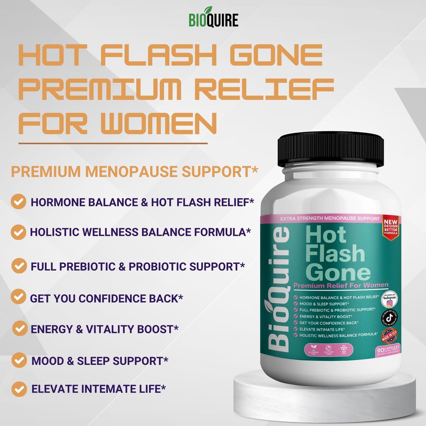 BIOQUIRE Hot Flash Gone Menopause Support for Women 90 Capsules