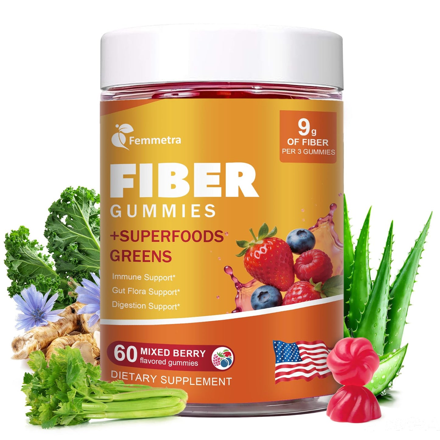 Femmetra 10-in-1 Prebiotic Fiber Gummies for Digestive Health & Regularity, 60 Count