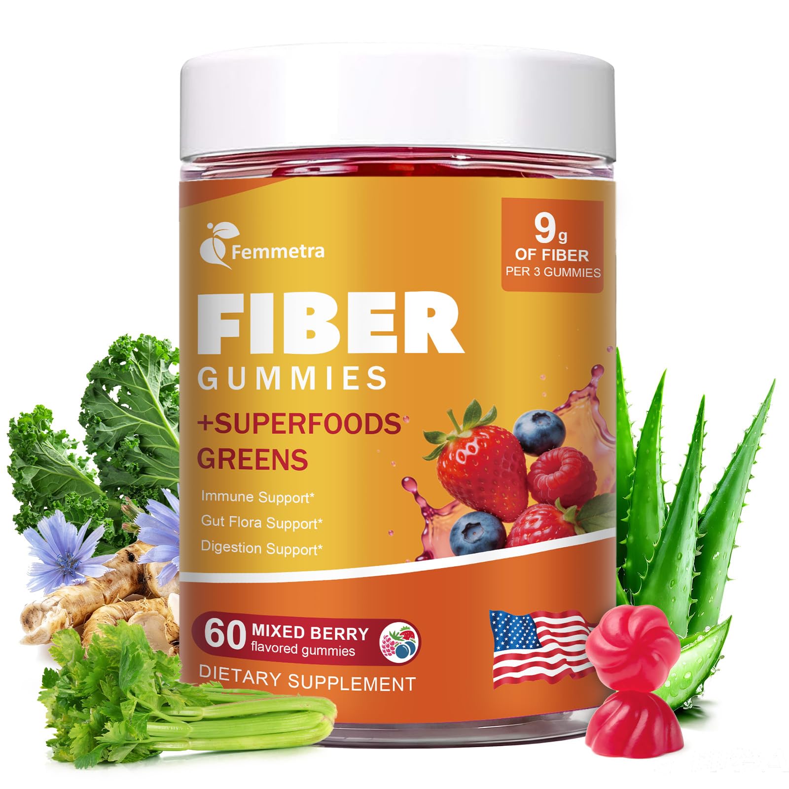 Femmetra 10-in-1 Prebiotic Fiber Gummies for Digestive Health & Regularity, 60 Count