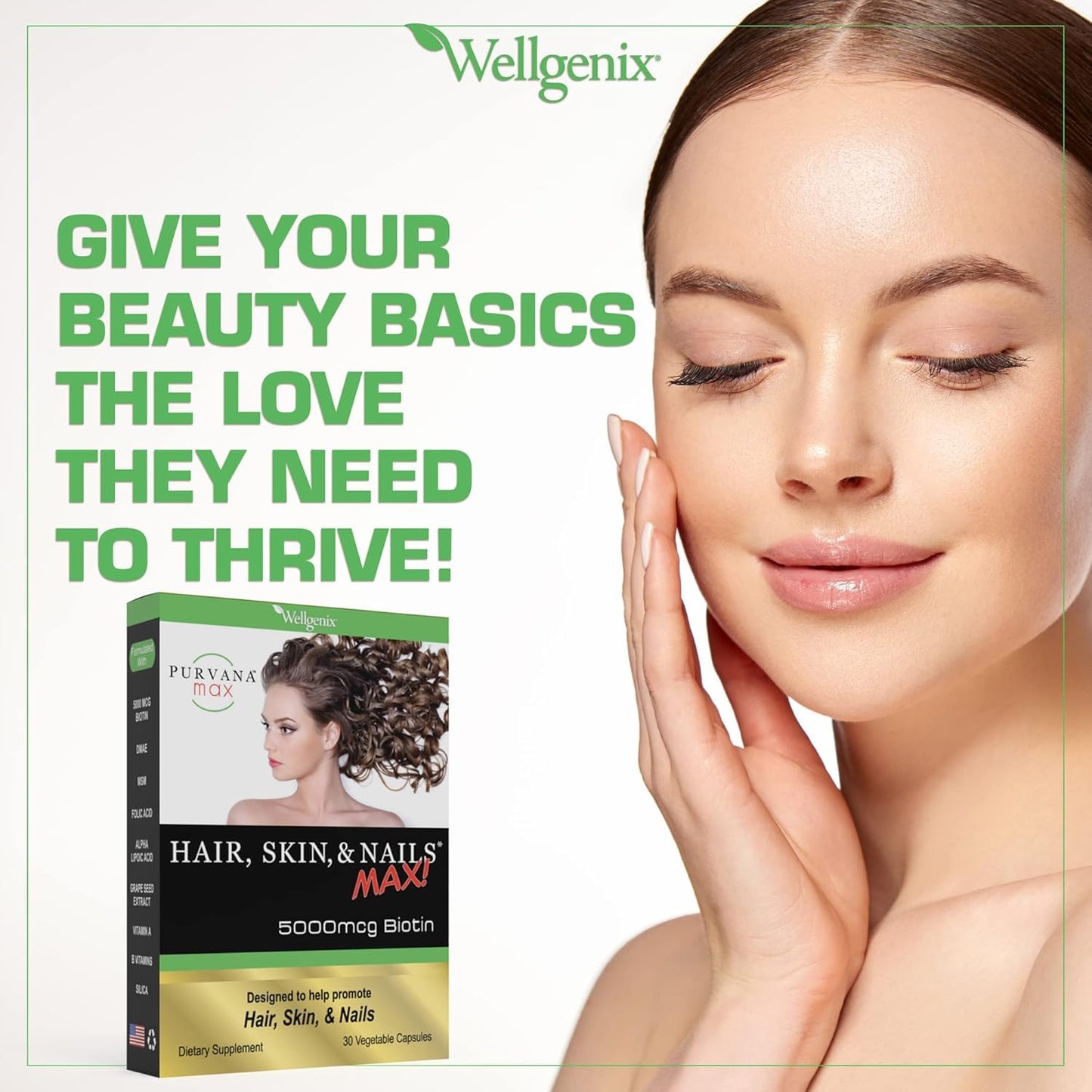 Wellgenix Purvana MAX Hair Skin and Nails Supplement 5000mcg Biotin with MSM & B-Complex Capsules, 30 Count