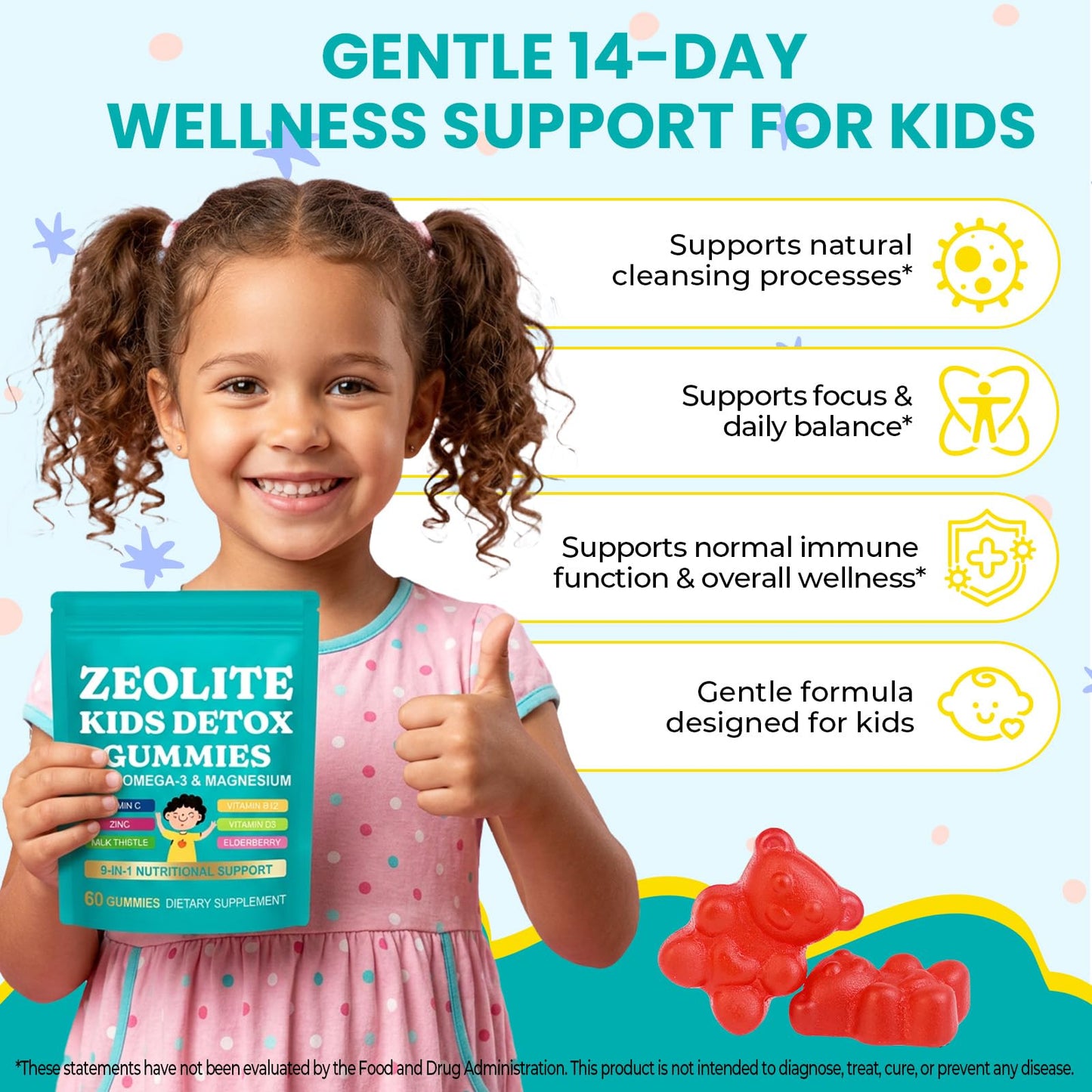 DLOMFVFQ Zeolite Kids Gummies Detox with Zeolite, Omega-3, Vitamin C, Vitamin D3, Zinc, B12 for Energy, Focus, Digestive & Immune Support, Sugar Free, 60 Gummies