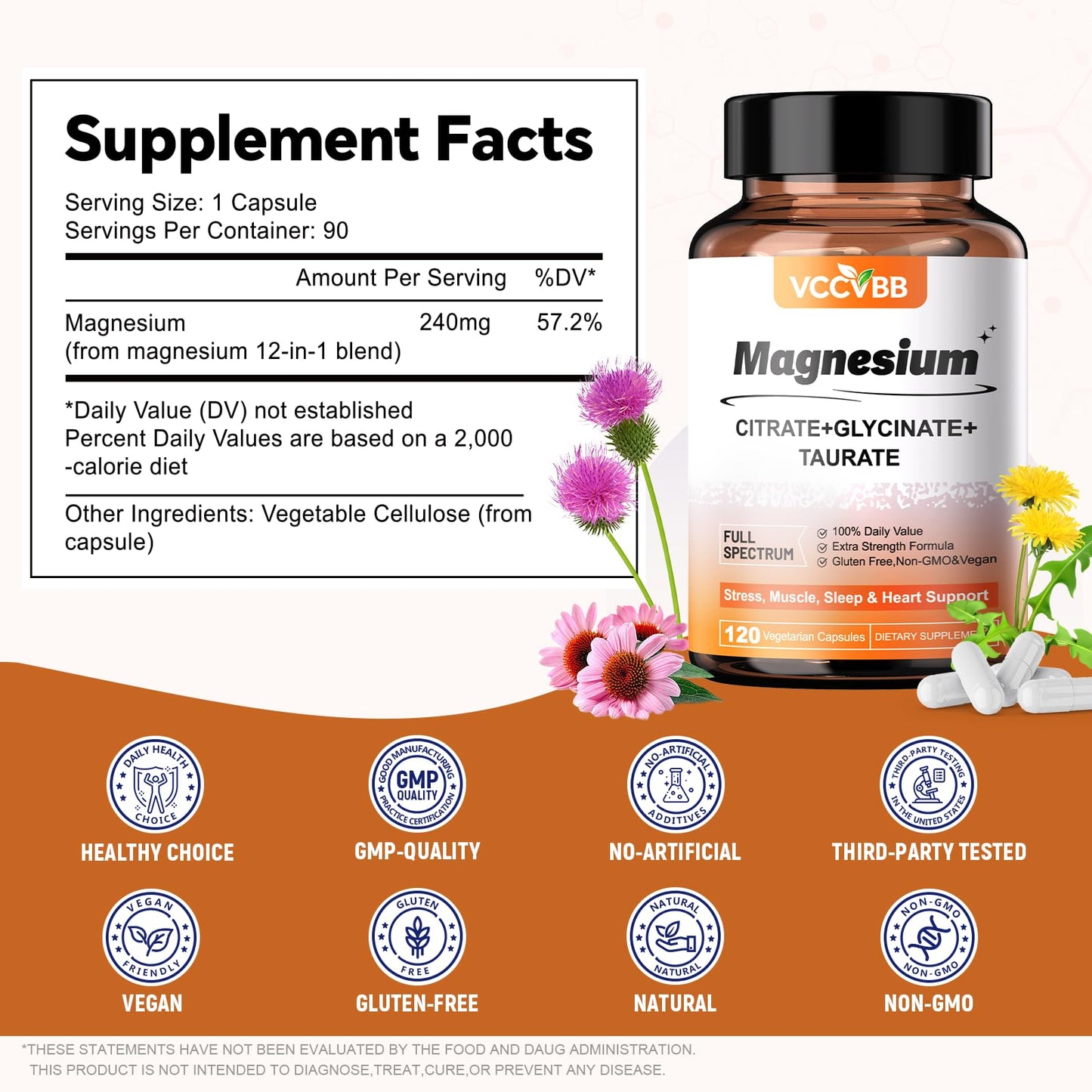 VCCVBB Magnesium Complex, Elemental Magnesium with Glycinate 120 Capsules