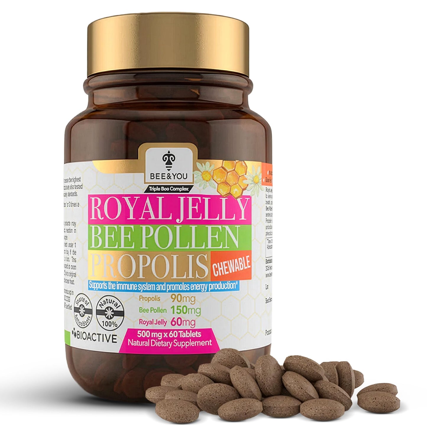 BEE & YOU Chewable Royal Jelly Tablets with Propolis Extract, Bee Pollen, Vitamins and Minerals, 60 Tablets