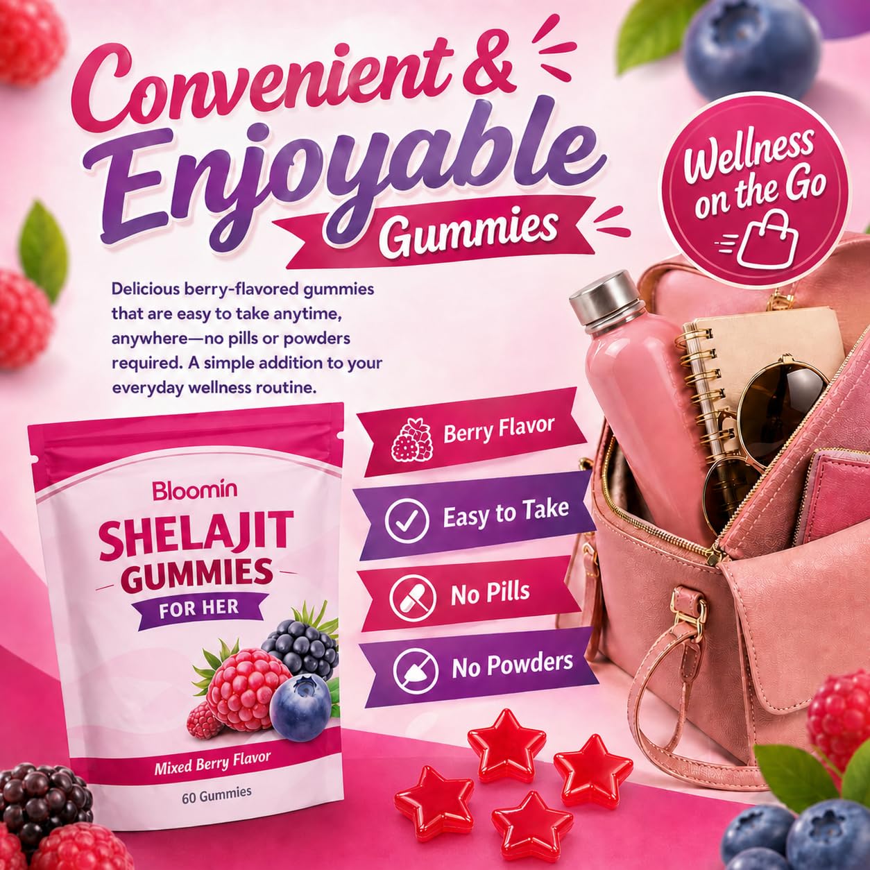Velura Bloomin Shilajit for Women – Daily Mood, Energy & Vitality Support – Berry Flavor, 30 Gummies