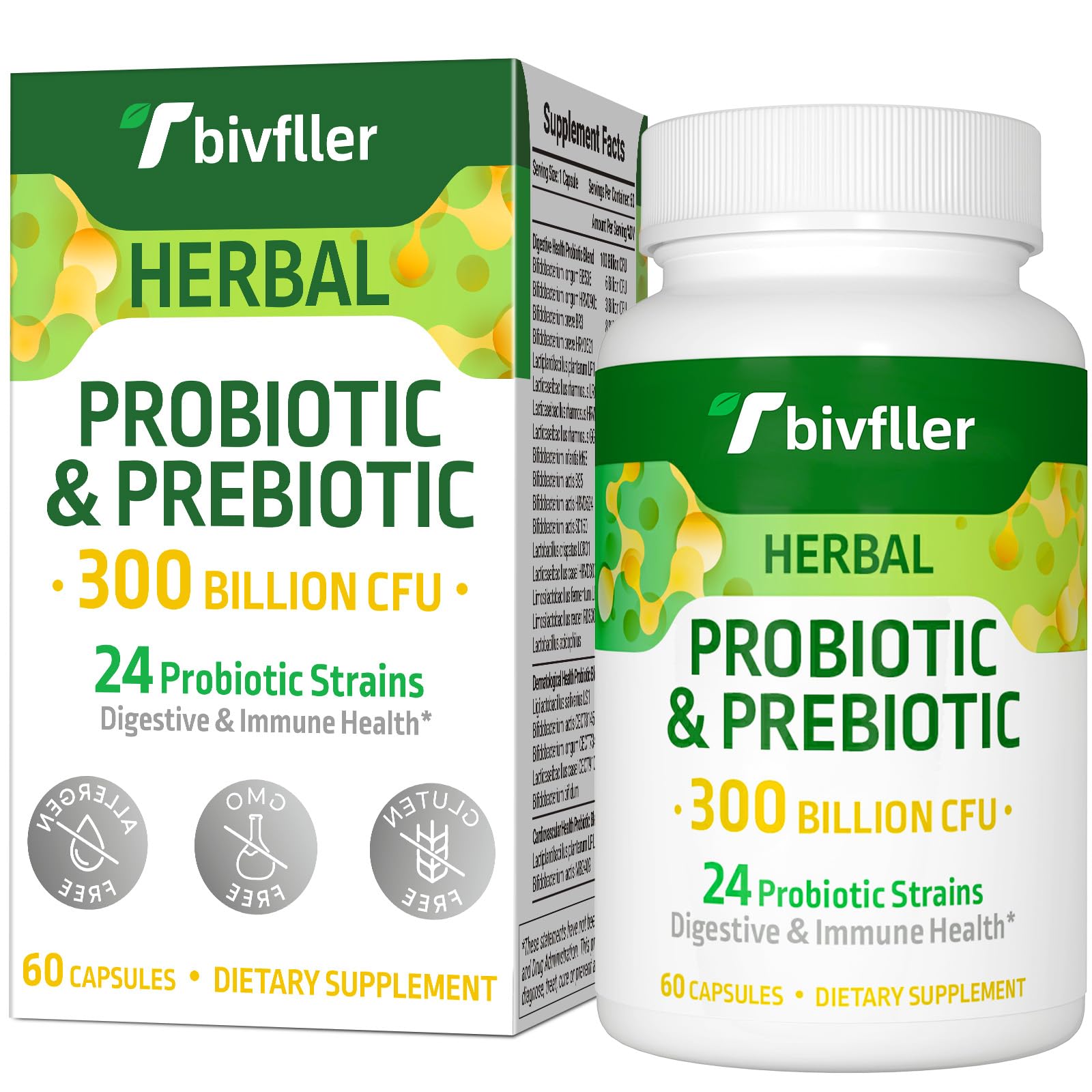 Tbivfller Probiotics for Women and Men, 300 Billion CFU, 24 Strains, with 15 Organic Herbs Prebiotics Blend, Capsules, 60 Count