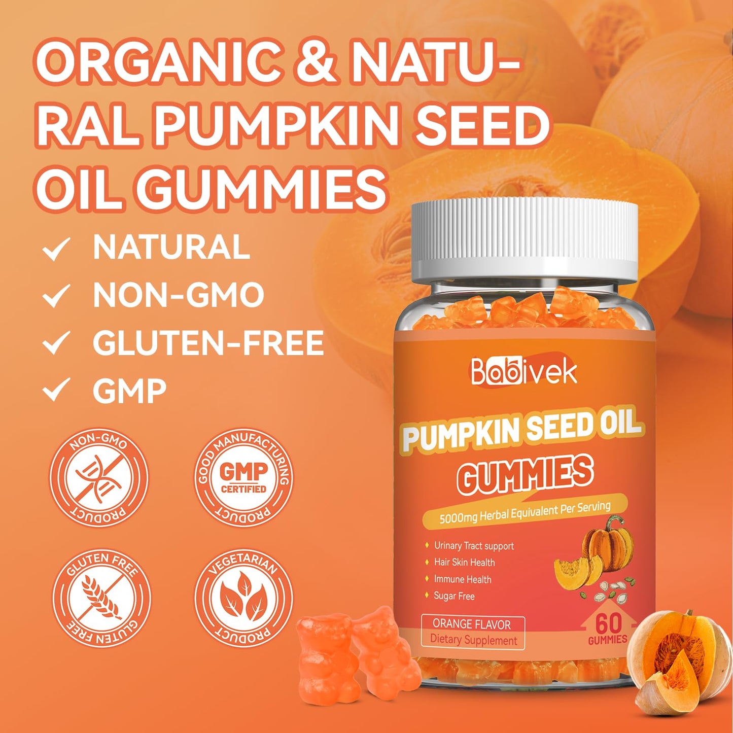 Babivek Sugar Free Pumpkin Seed Oil Gummies with Saw Palmetto, 120 Count
