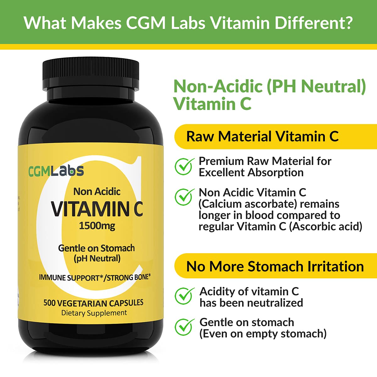 CGMLABS Non-Acidic Vitamin C 1500mg with Calcium Capsules 100