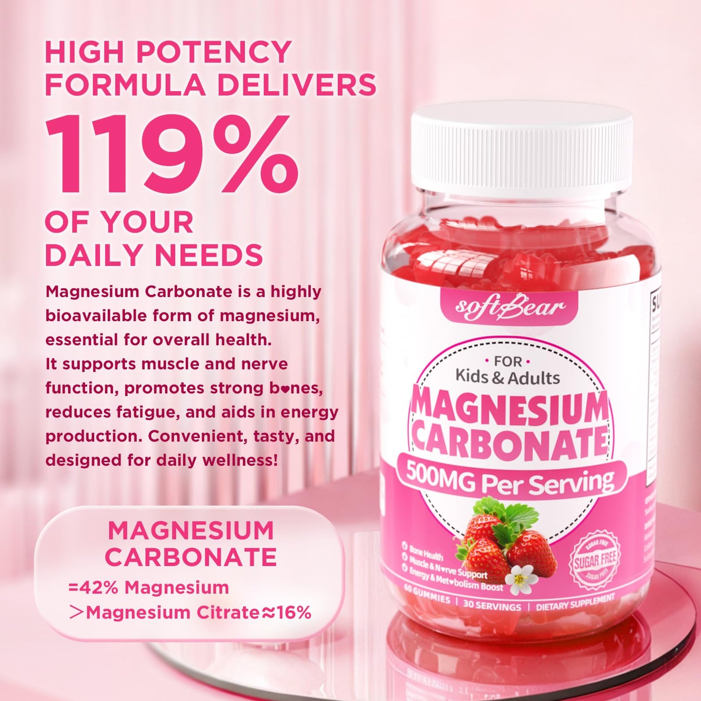 softbear Magnesium Carbonate Gummies 500mg, Sugar-Free, Vegan/Organic Strawberry Flavor, 120 Gummies