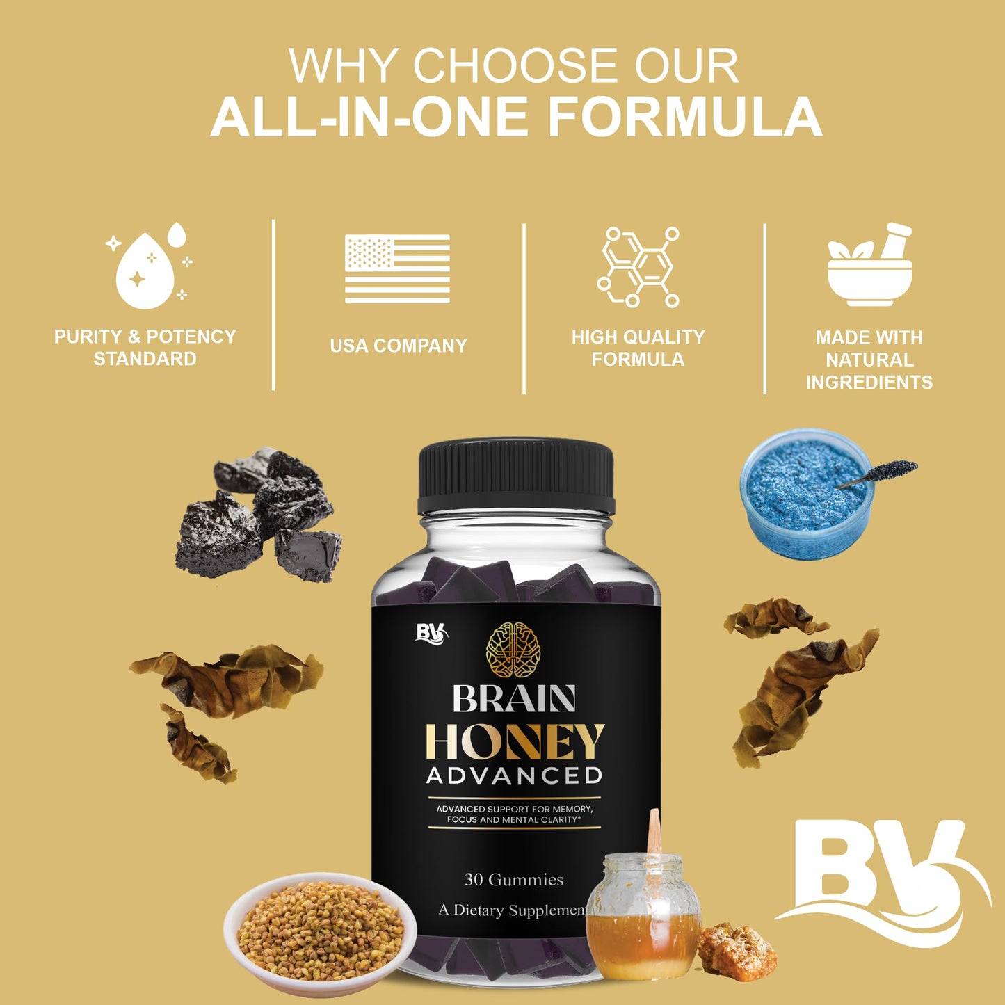 Blue Vibe Brain Honey Advanced Nootropic Support Supplement Gummies 60 Gummies