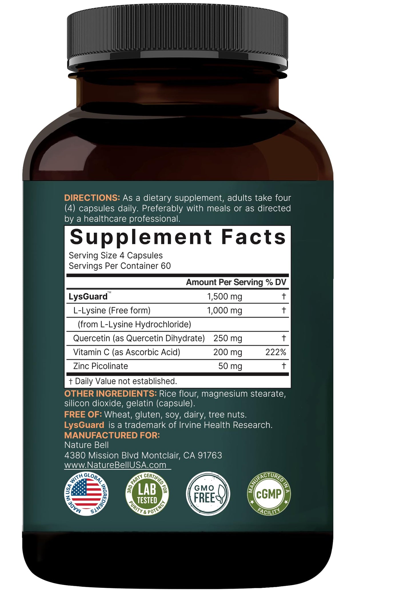 NatureBell L-Lysine 1000mg + Quercetin 250mg with Vitamin C and Zinc Capsules, 240 Count