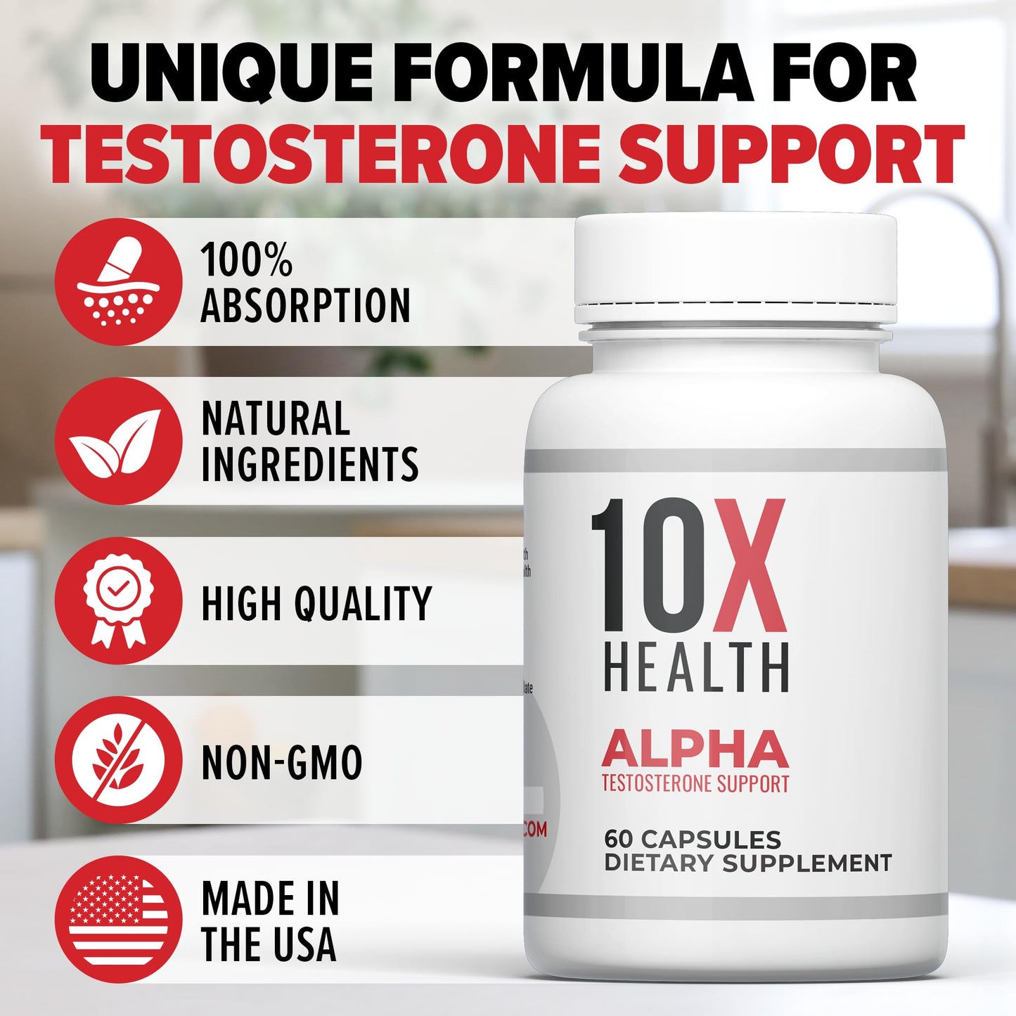 10X Health System Alpha Testosterone Supplement for Men Capsules, 60 Count