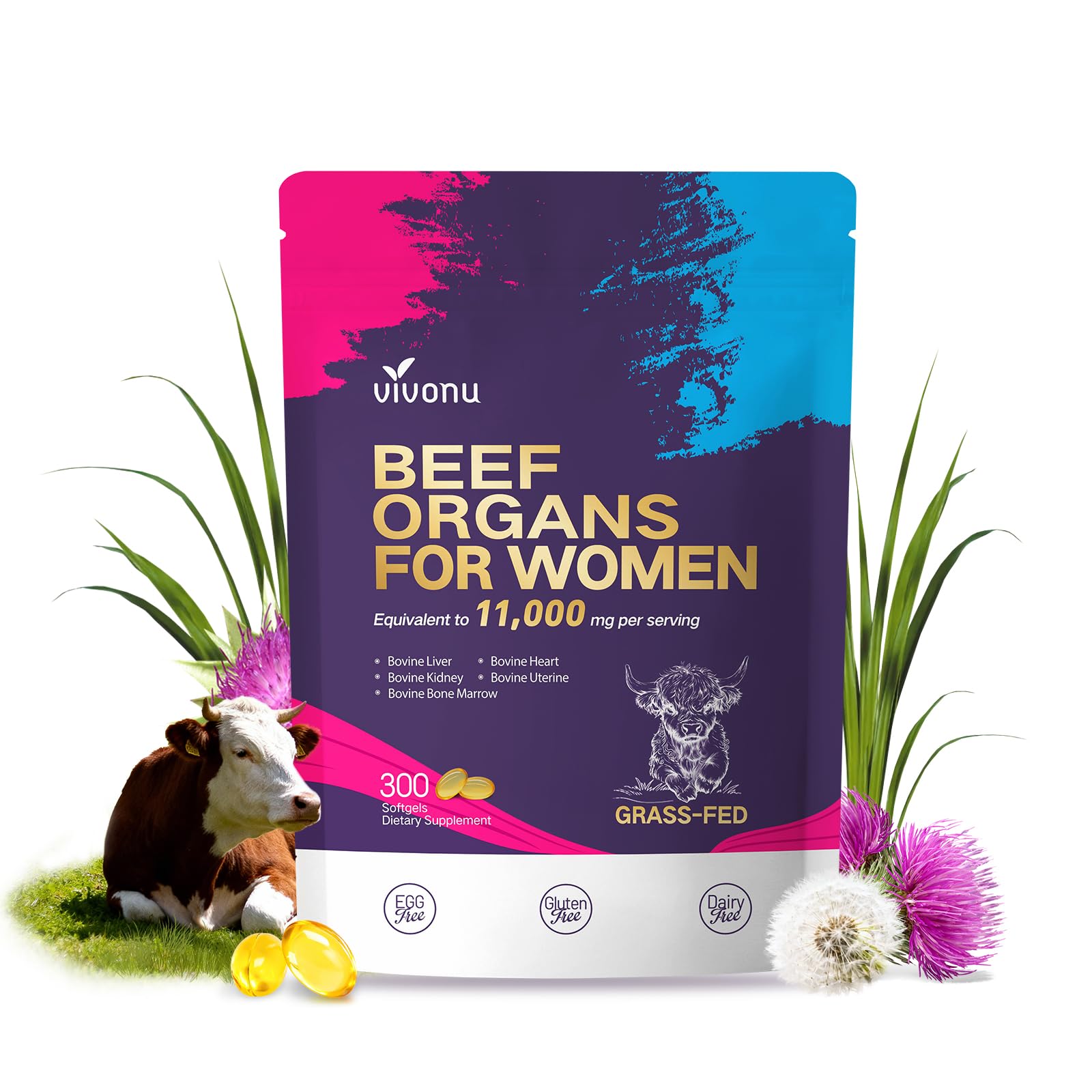 VivoNu Beef Organ Supplement for Women Softgels 300 Count