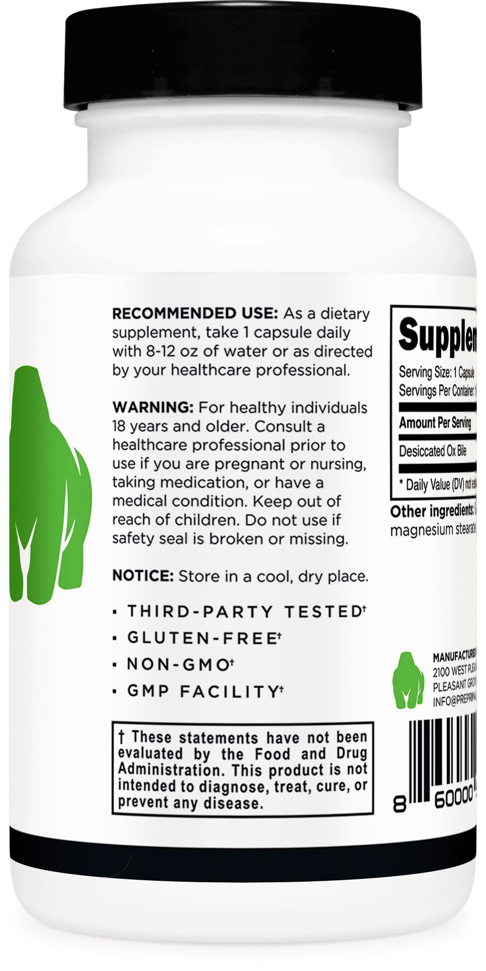 Primal Ox Bile 500mg Capsules, Gluten-Free, GMO-Free, 120 Count