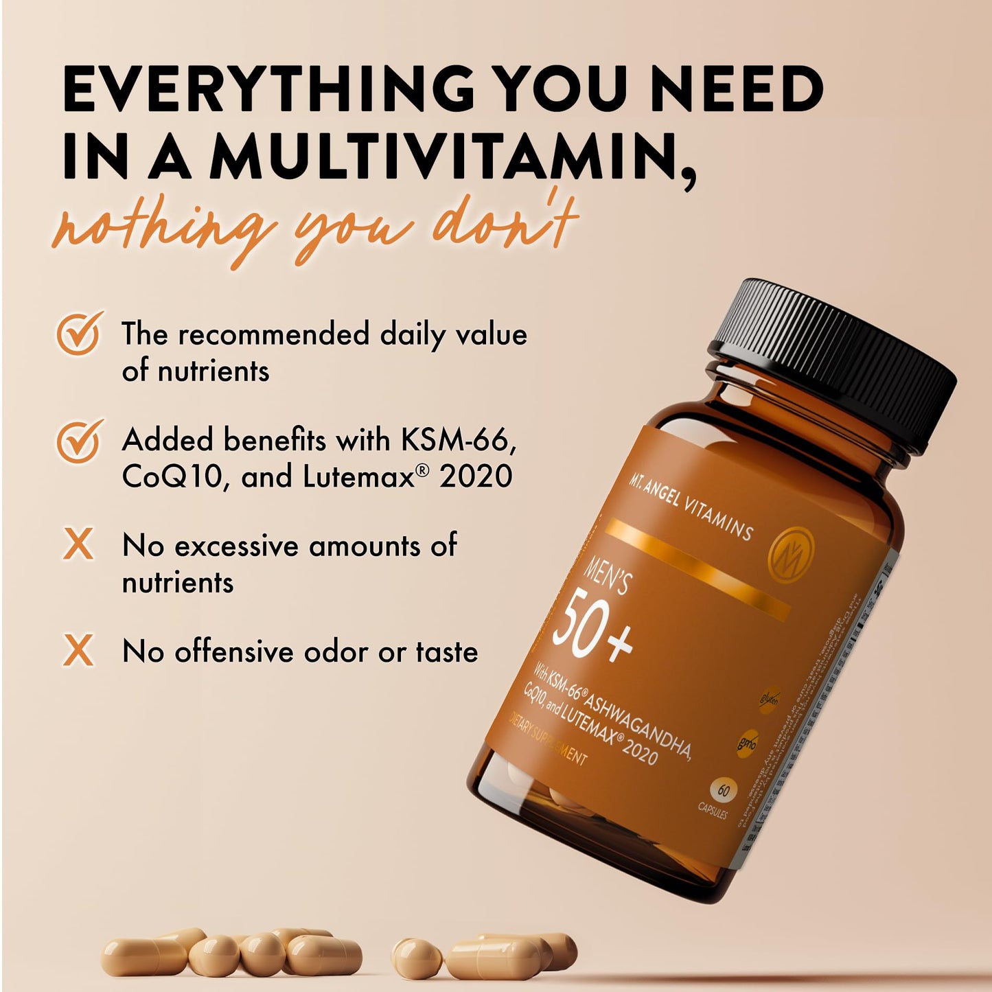 Mt. Angel Vitamins Daily Mens Multivitamin 50+ Adult Formula with Iron, Calcium, KSM-66 Ashwaganda 60 Capsules