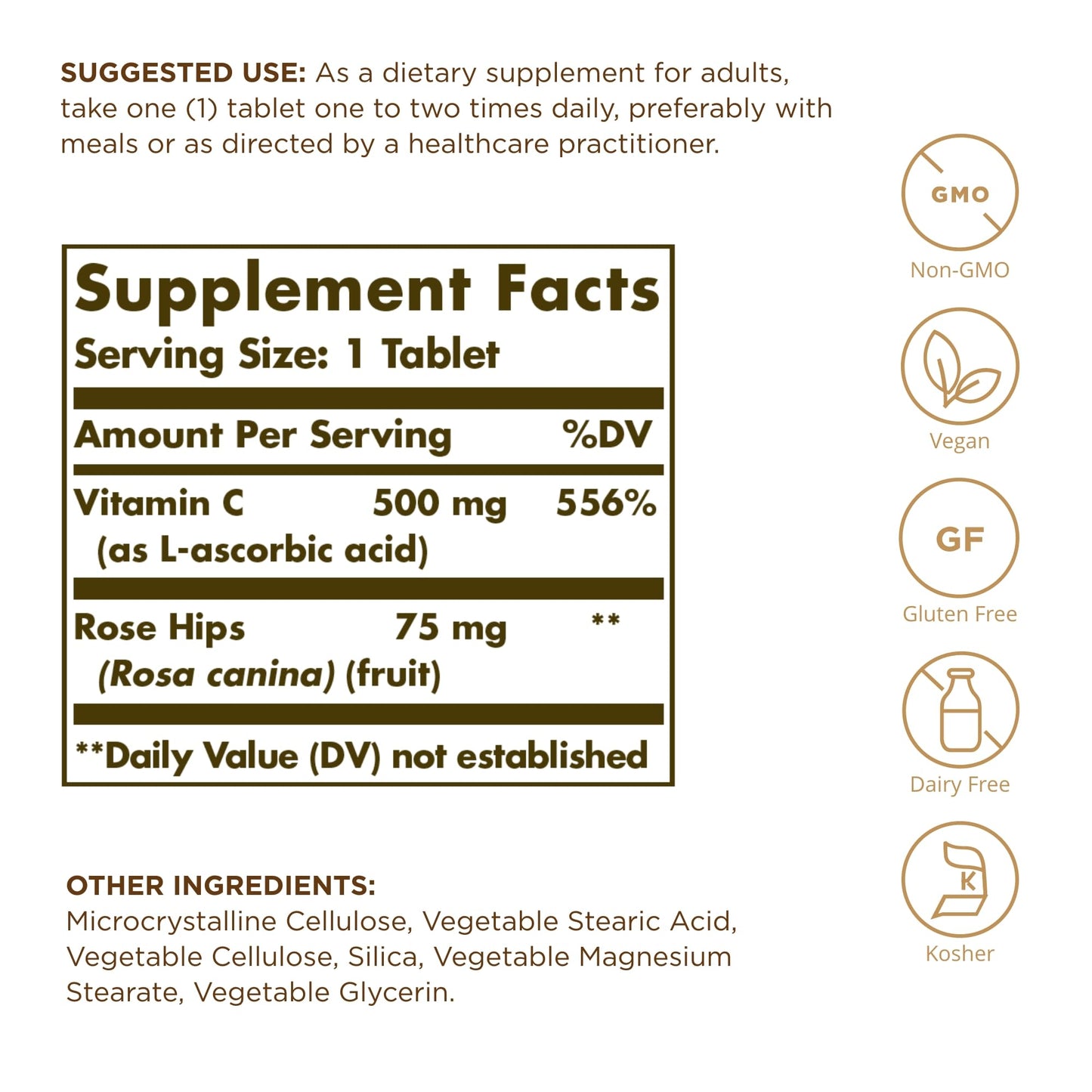 Solgar Vitamin C 500 Mg with Rose Hips Tablets, 100 Count