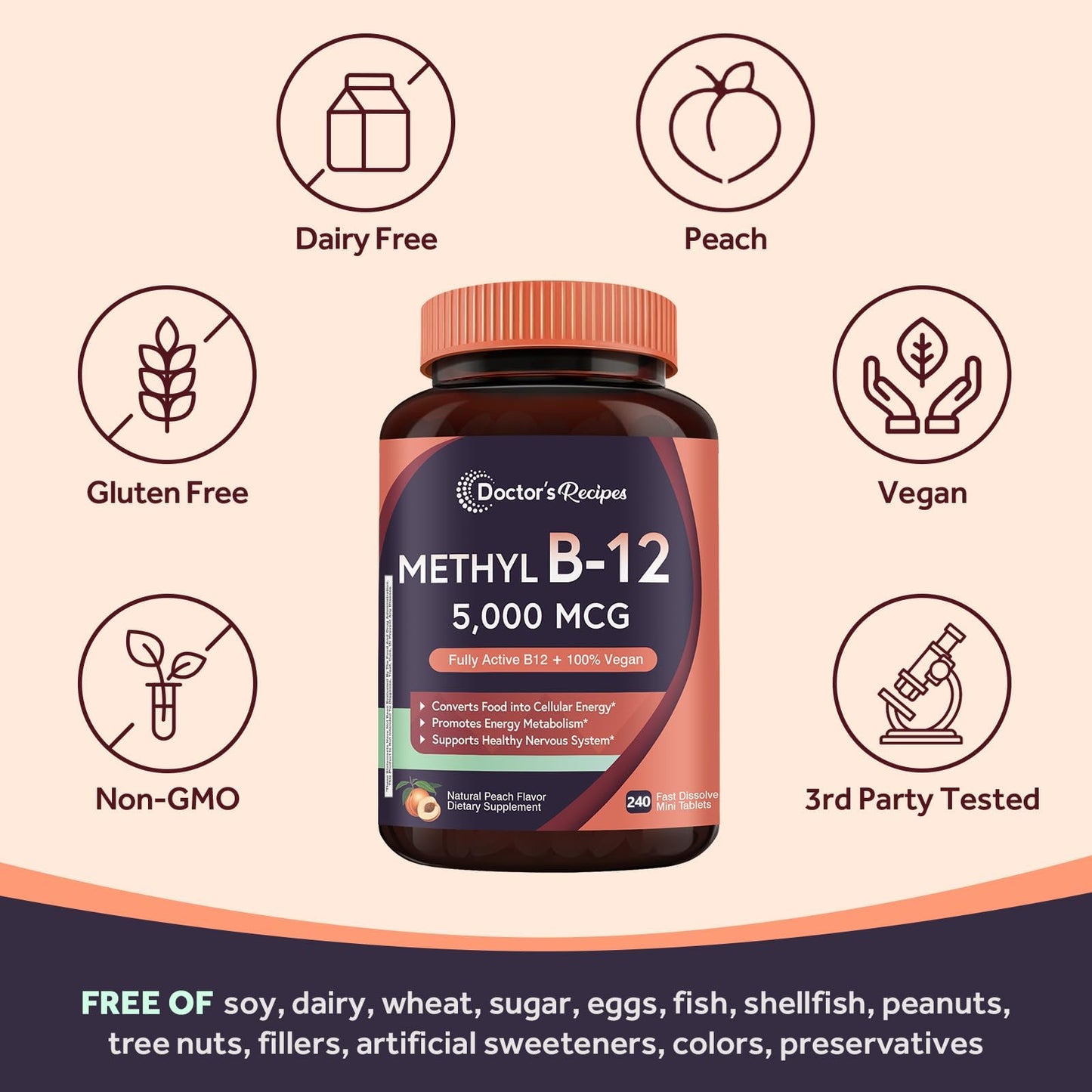 Doctor's Recipes Vitamin B12 Sublingual Methylcobalamin 5000 mcg Tablets, 240 Count