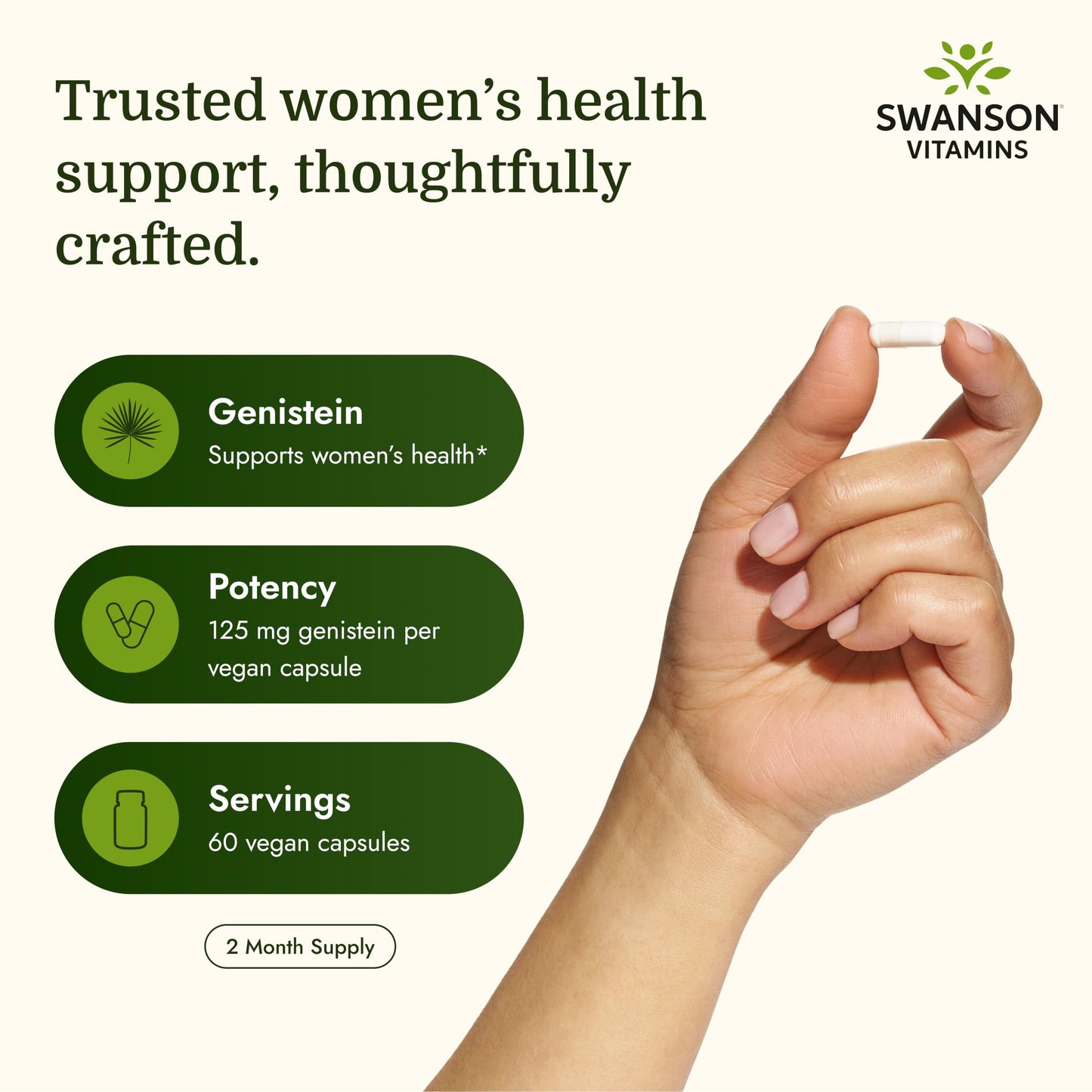 Swanson Soy-Free Genistein Plant-Based Supplement for Women Seeking Hormonal Balance, Bone, and Cardiovascular Support - 125 mg Capsules, 60 Count