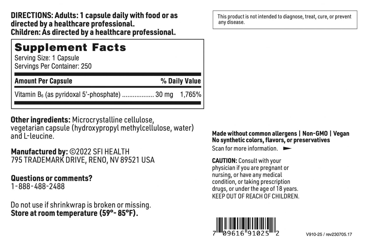 SFI Health Klaire Labs P-5-P 30 mg Bioactive Vitamin B6 Pyridoxal-5-Phosphate for Metabolic & Liver Support, Hypoallergenic, 100 Capsules
