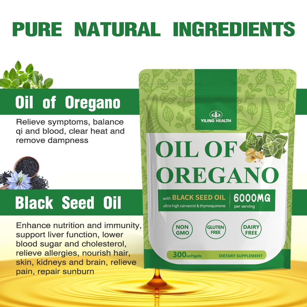 YiLing Oil of Oregano with Black Seed Oil & Echinacea 3 in 1 Gummy, 300 Count