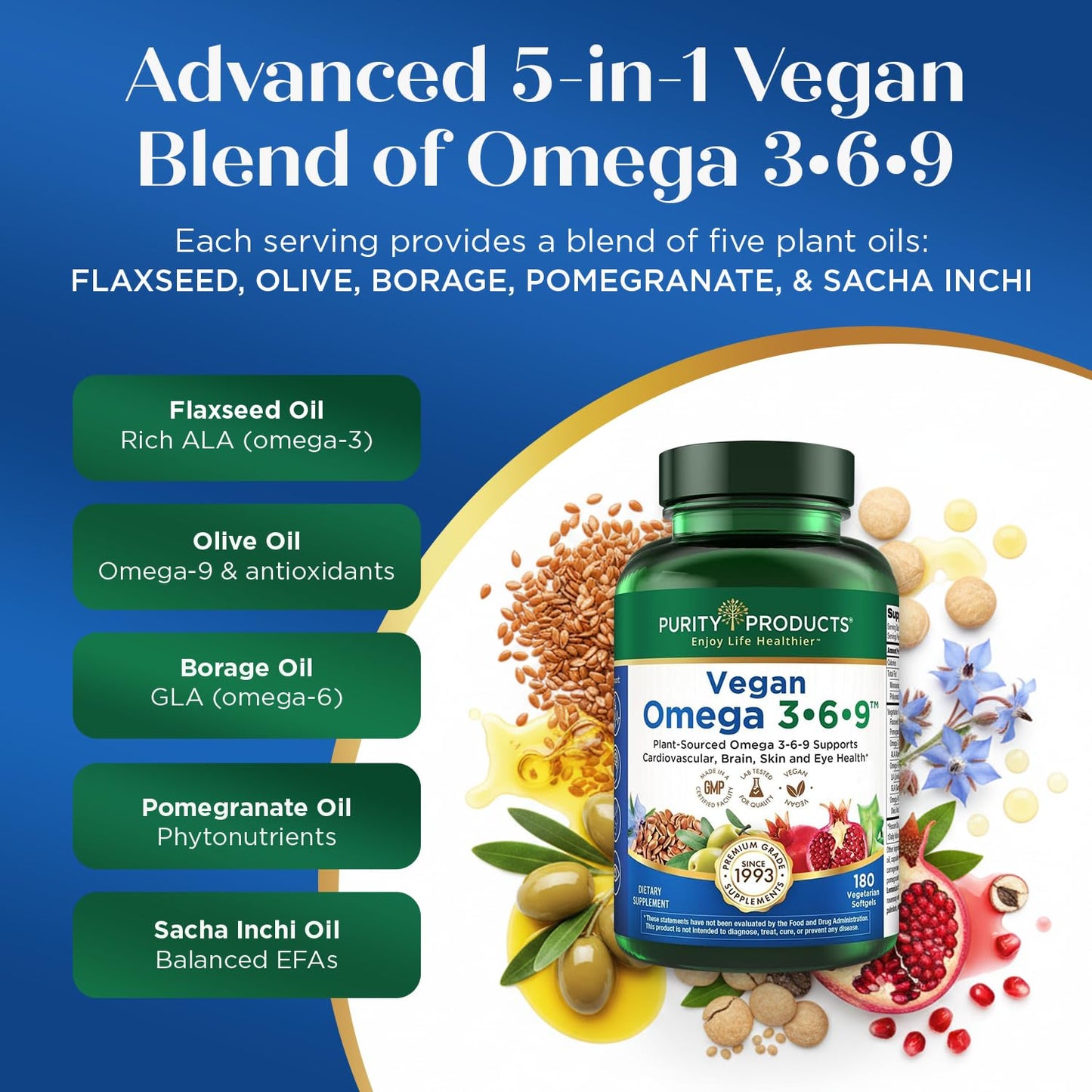 Purity Products Vegan Omega-3-6-9 Formula Essential Fatty Acid Complex Softgels 180 Count