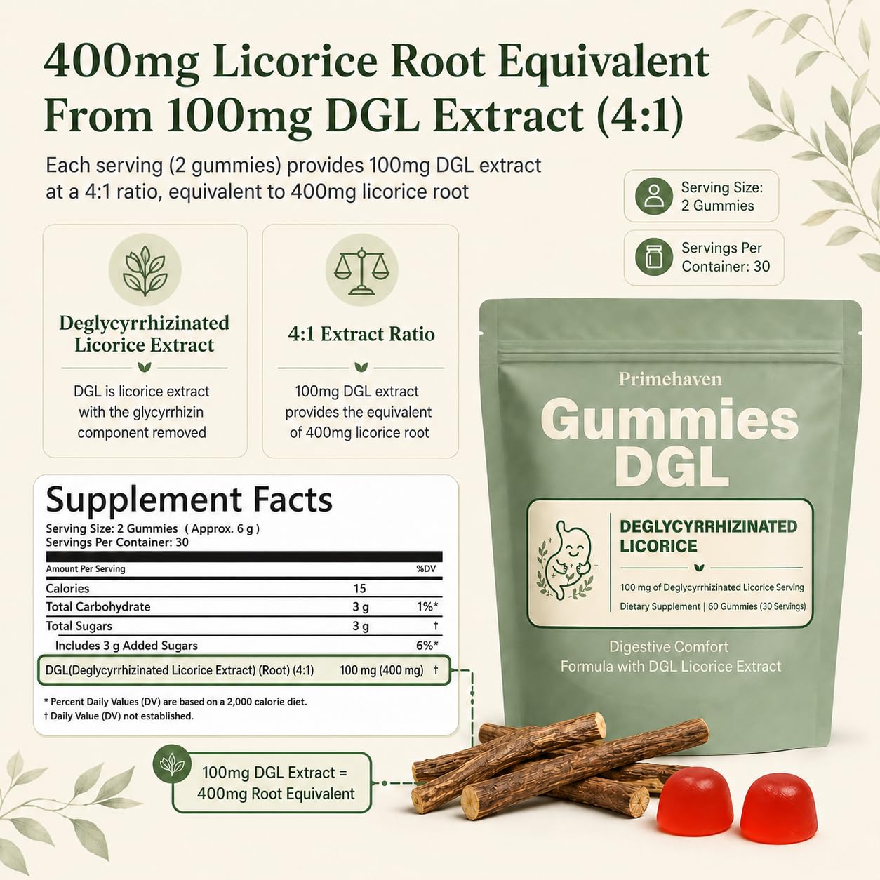 ELAVA DGL Gummies 400mg Licorice Root Extract Supplement, 60 Gummies