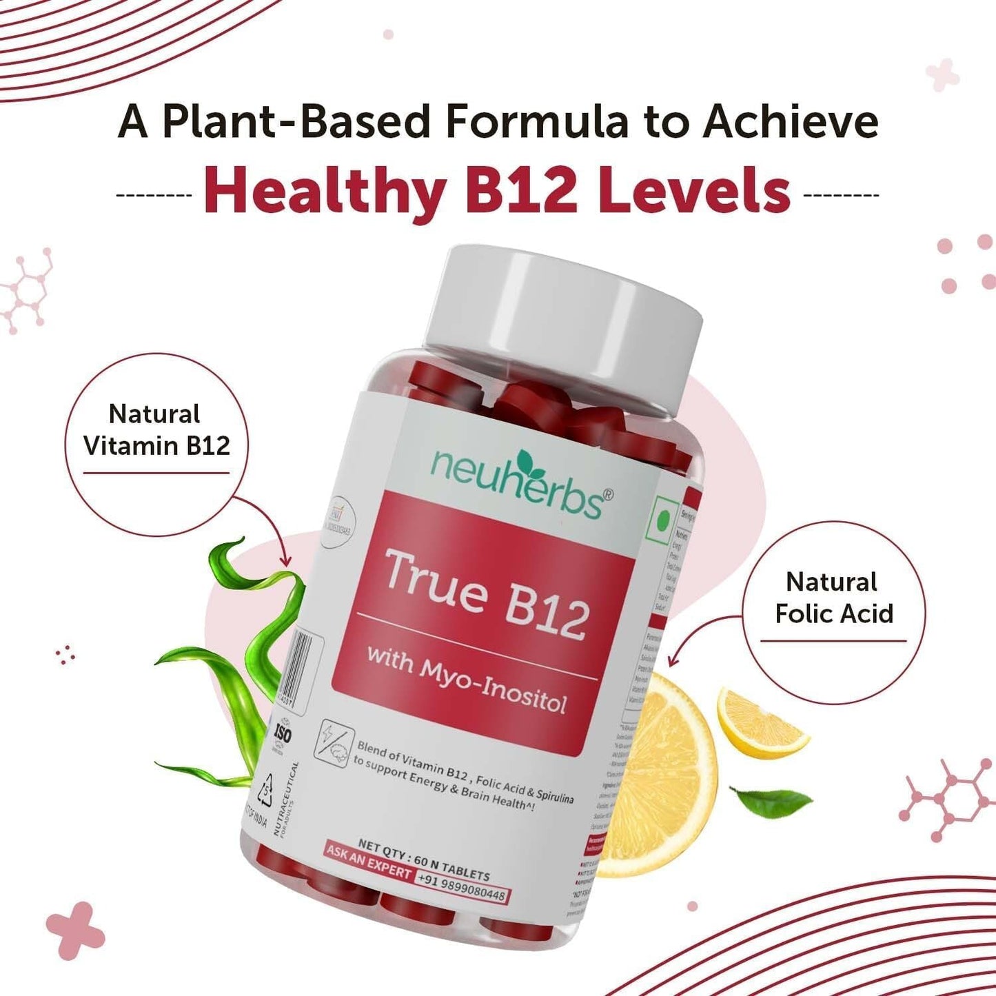 Generic Plant-Based True B12 Supplements for Men & Women with Myo-inositol, Folic Acid & Spirulina 60 Tablets