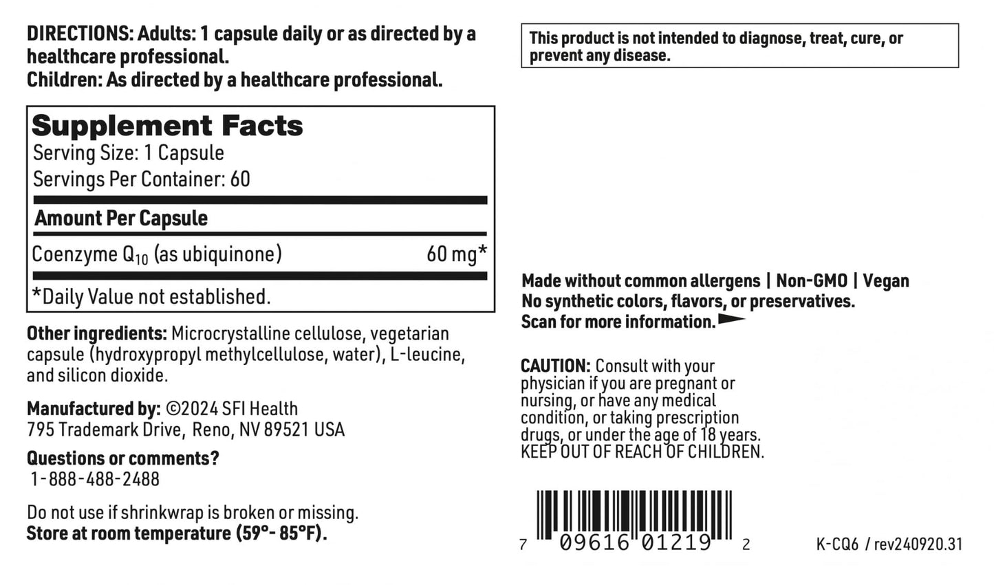 SFI Health Coenzyme Q10 60 mg Ubiquinone Capsules, Hypoallergenic Formula for Cardiovascular & Cellular Energy Support, 60 Count