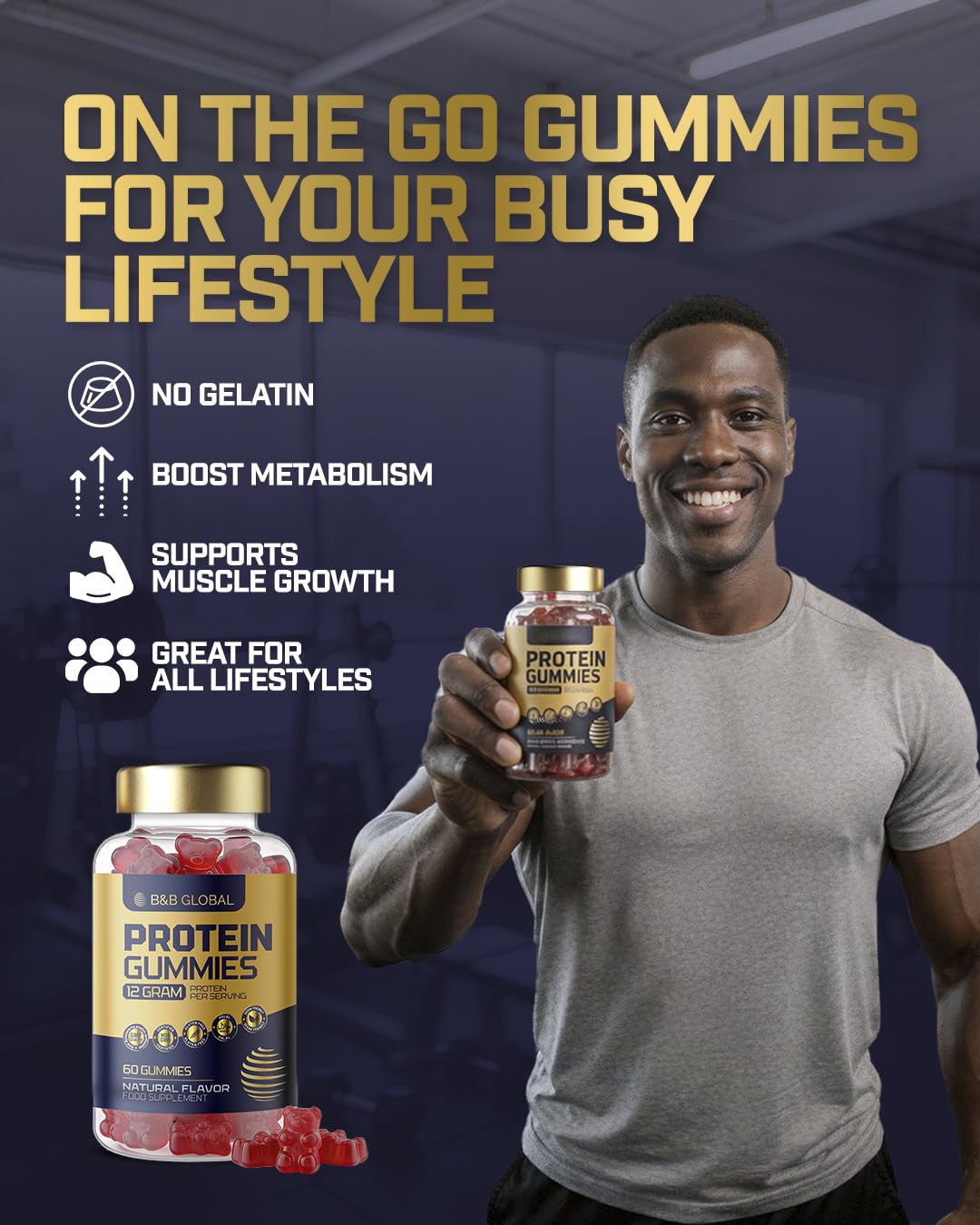 B&B GLOBAL Protein Gummies – Naturally Mixed Berries Flavored, Non-GMO, Vegan-Friendly, Gluten-Free – 60 Gummies