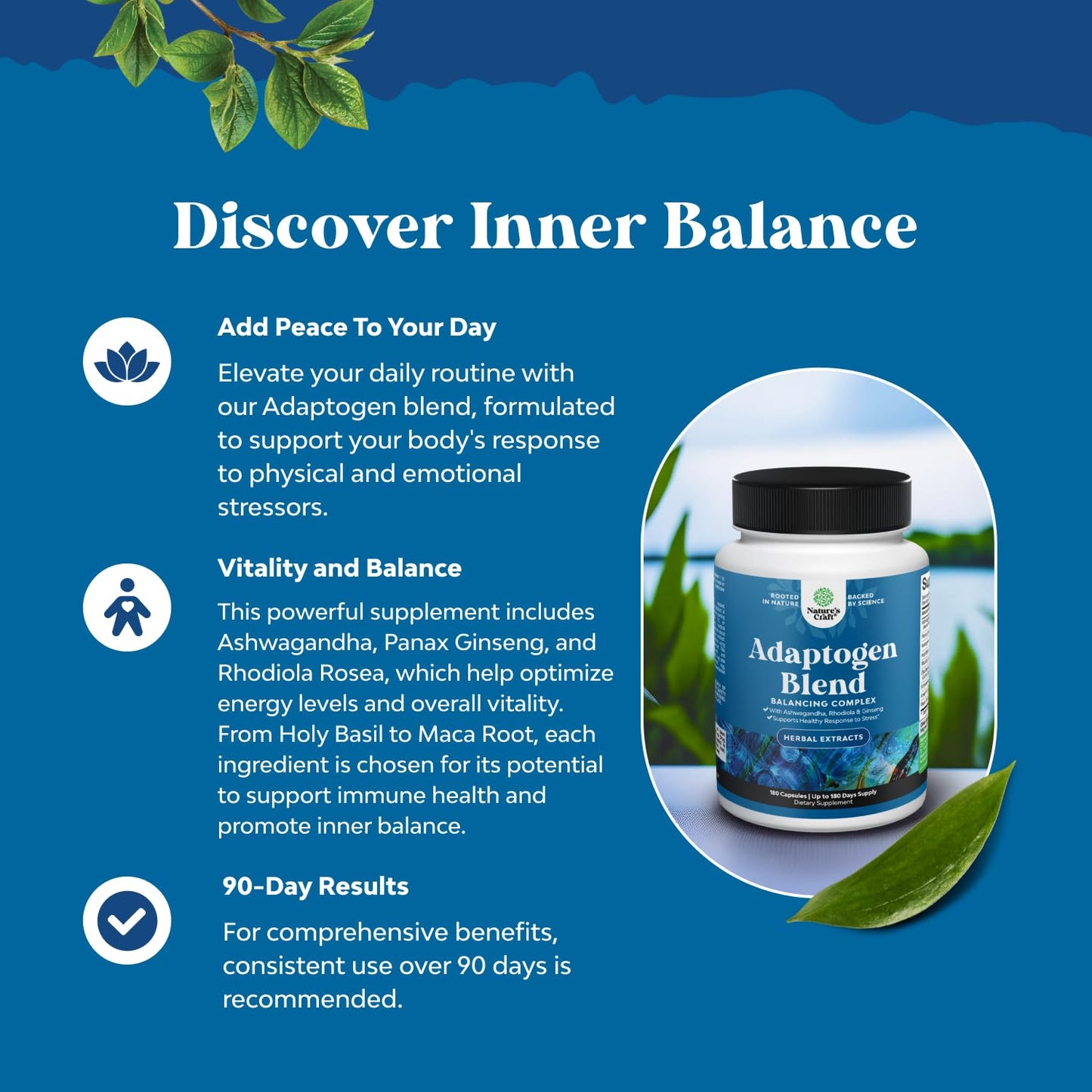 Natures Craft Herbal Adaptogen Mood Support Capsule - Ashwagandha, Rhodiola Rosea & Maca Root, Vegan Non-GMO, 180 Count