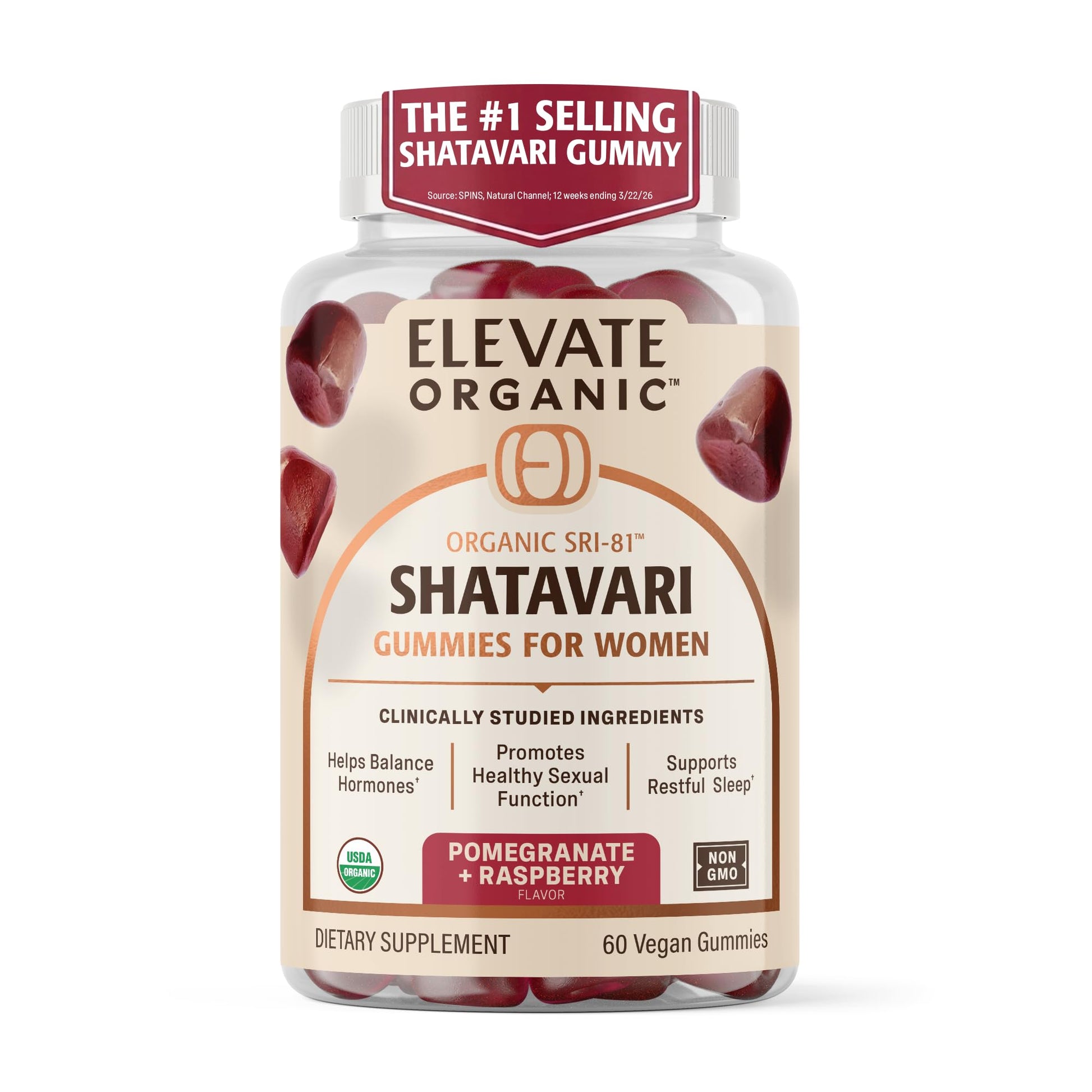 ELEVATE ORGANIC SRI-81 Shatavari Vegan Gummies, 60 Count