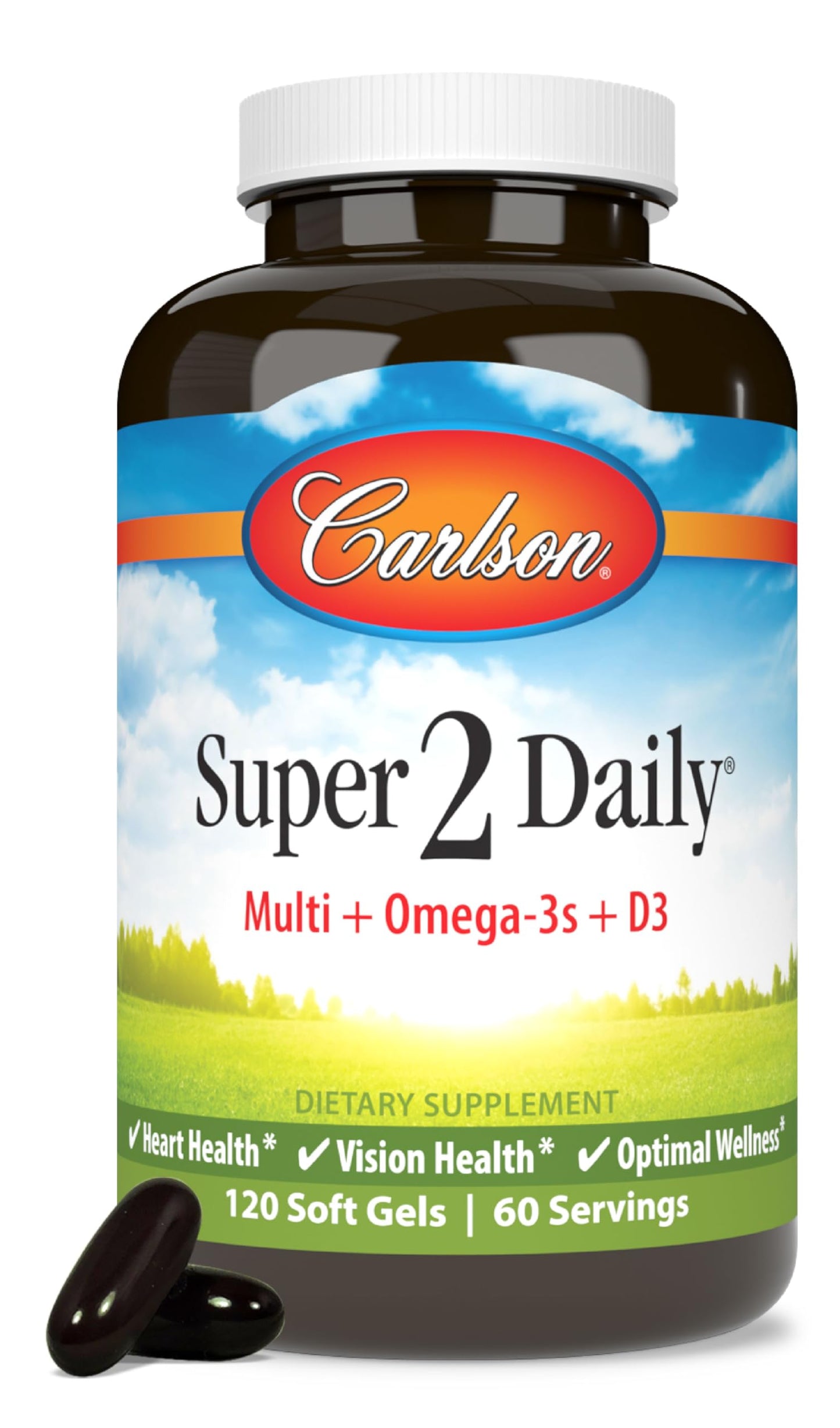 Carlson Super-2-daily Multi + Omega-3s + Lutein + D3 Multivitamin with Norwegian Fish Oil, Softgels, 120