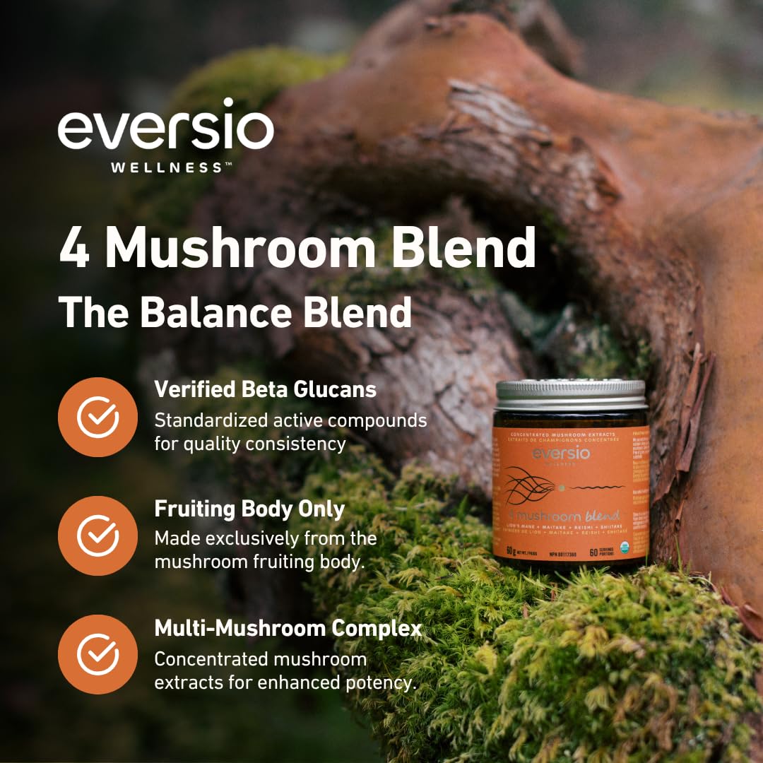 Eversio Wellness Organic 4 Mushroom Blend Complex Powder – Reishi, Lion’s Mane, Maitake & Shiitake Fruiting Body Extract Blend – Daily Immune & Stress Support, 2.12 oz