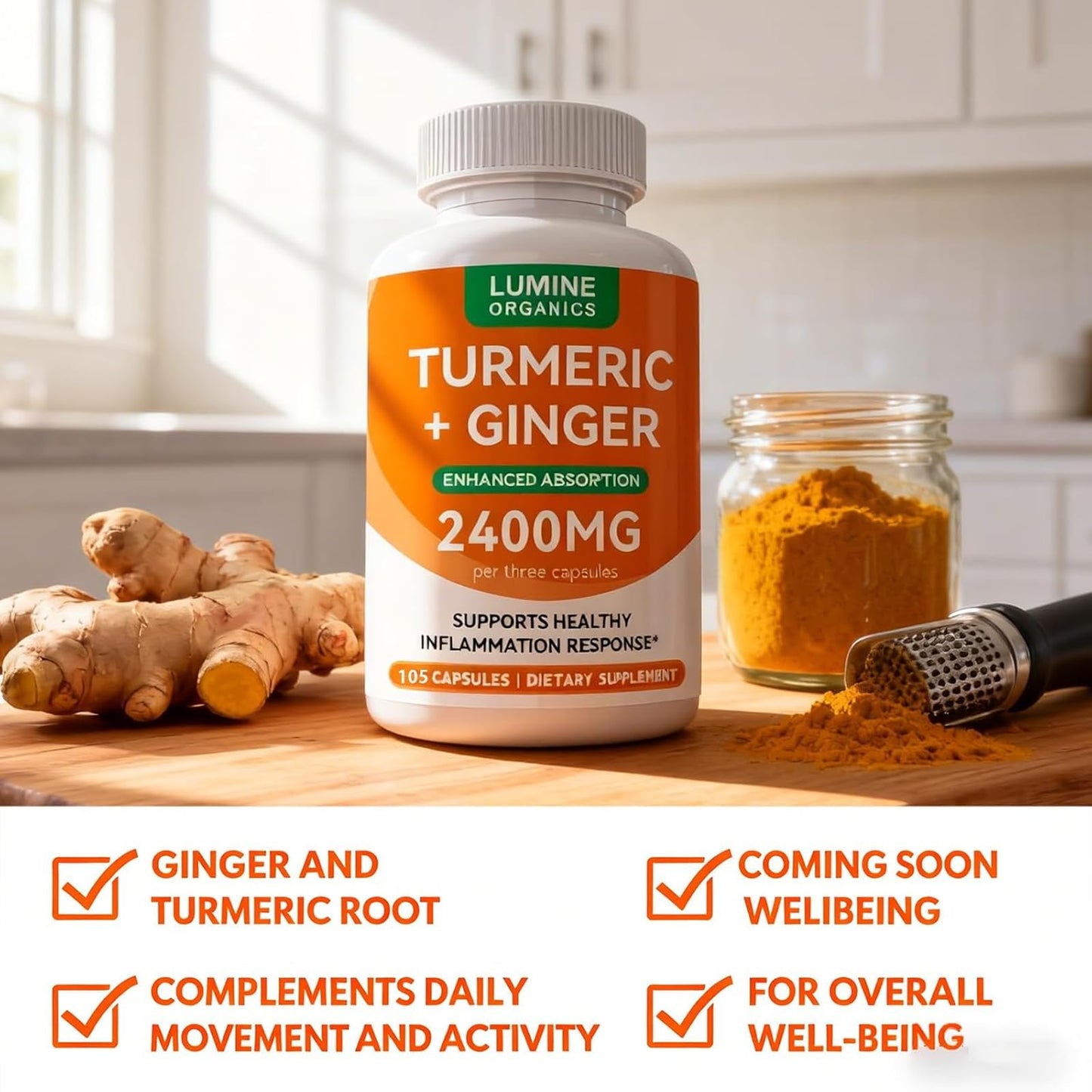 Lumine Organics Turmeric Curcumin Supplement with 95% Curcuminoids, 2400mg Turmeric Extract per Serving, 105 Capsules