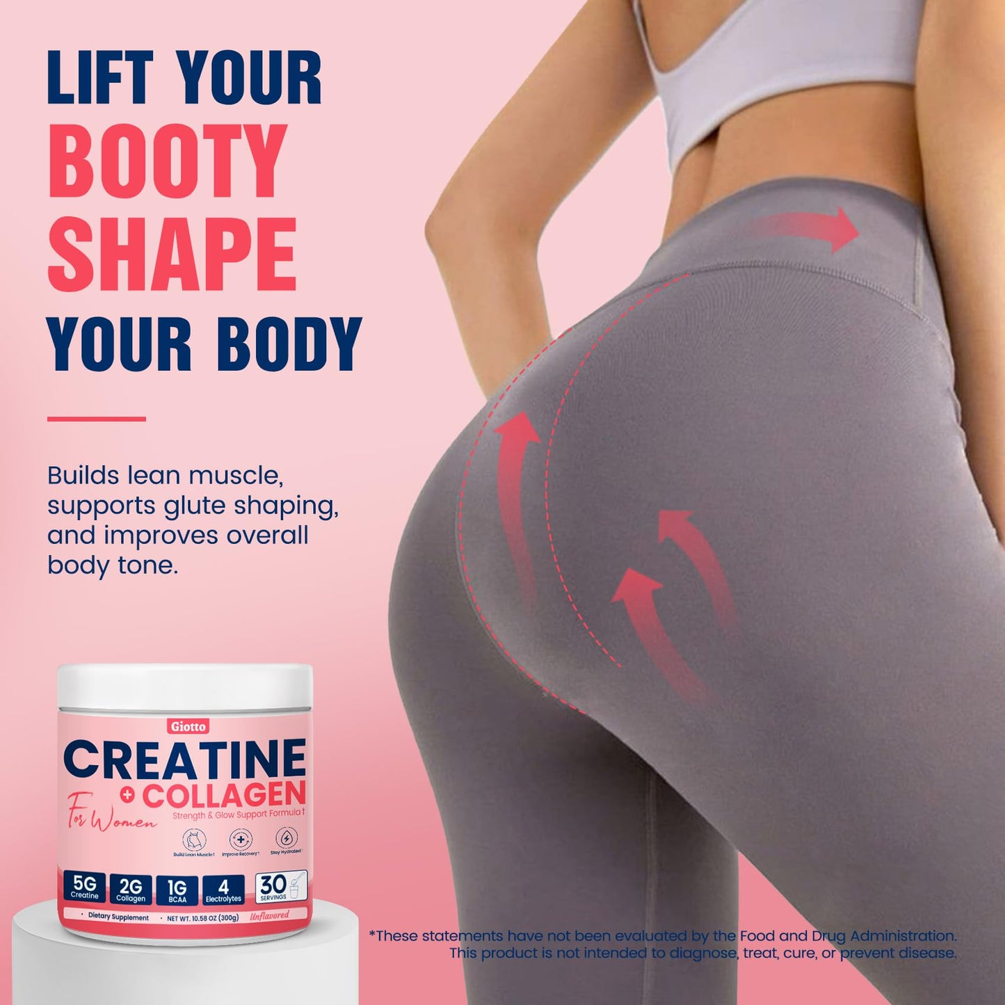 Giotto Creatine Powder for Women – Unflavored, 10.6 oz, 5g Creatine, Collagen, BCAAs & Electrolytes